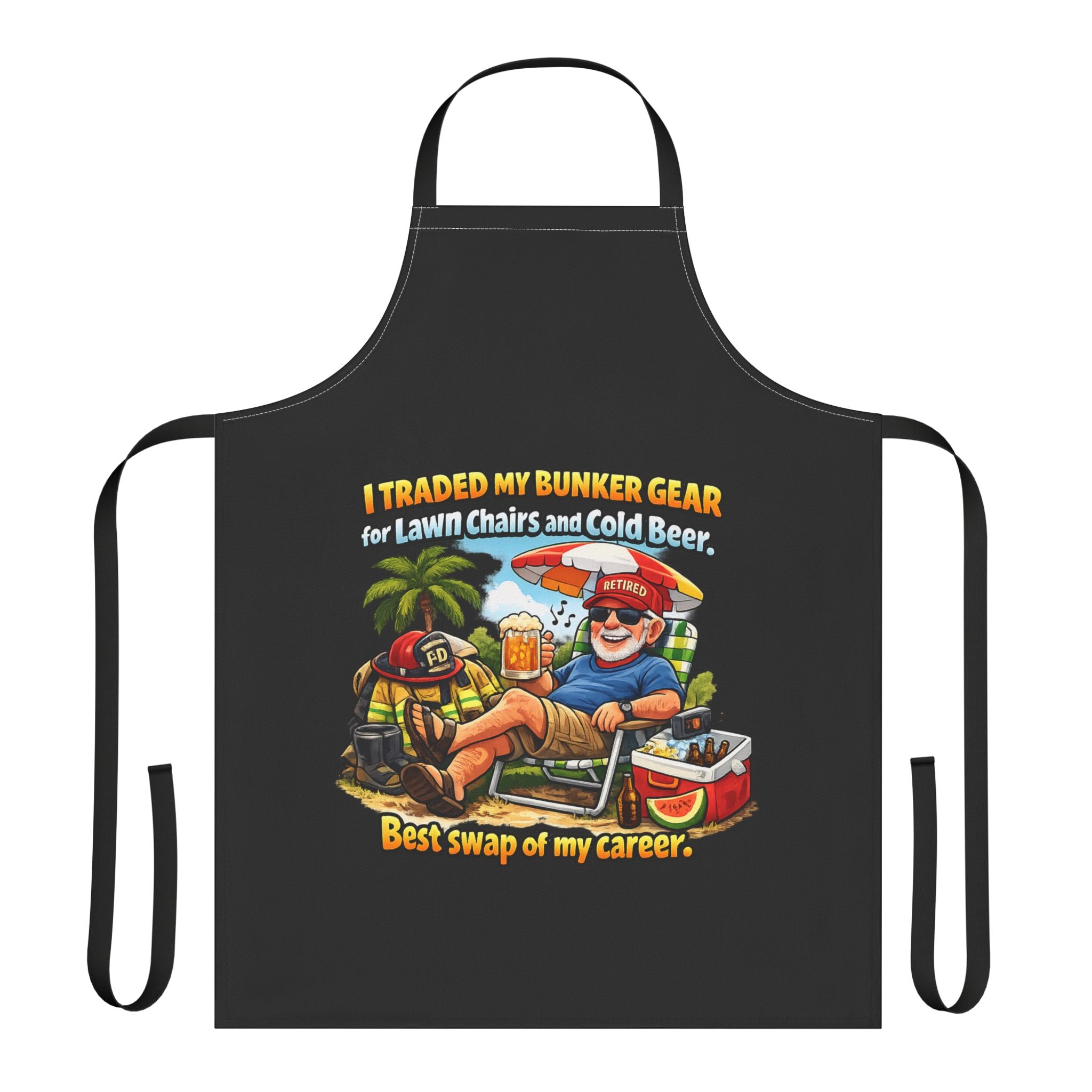 Funny Firefighter Apron – “I Traded My Bunker Gear for Lawn Chairs and Cold Beer” Grilling Apron