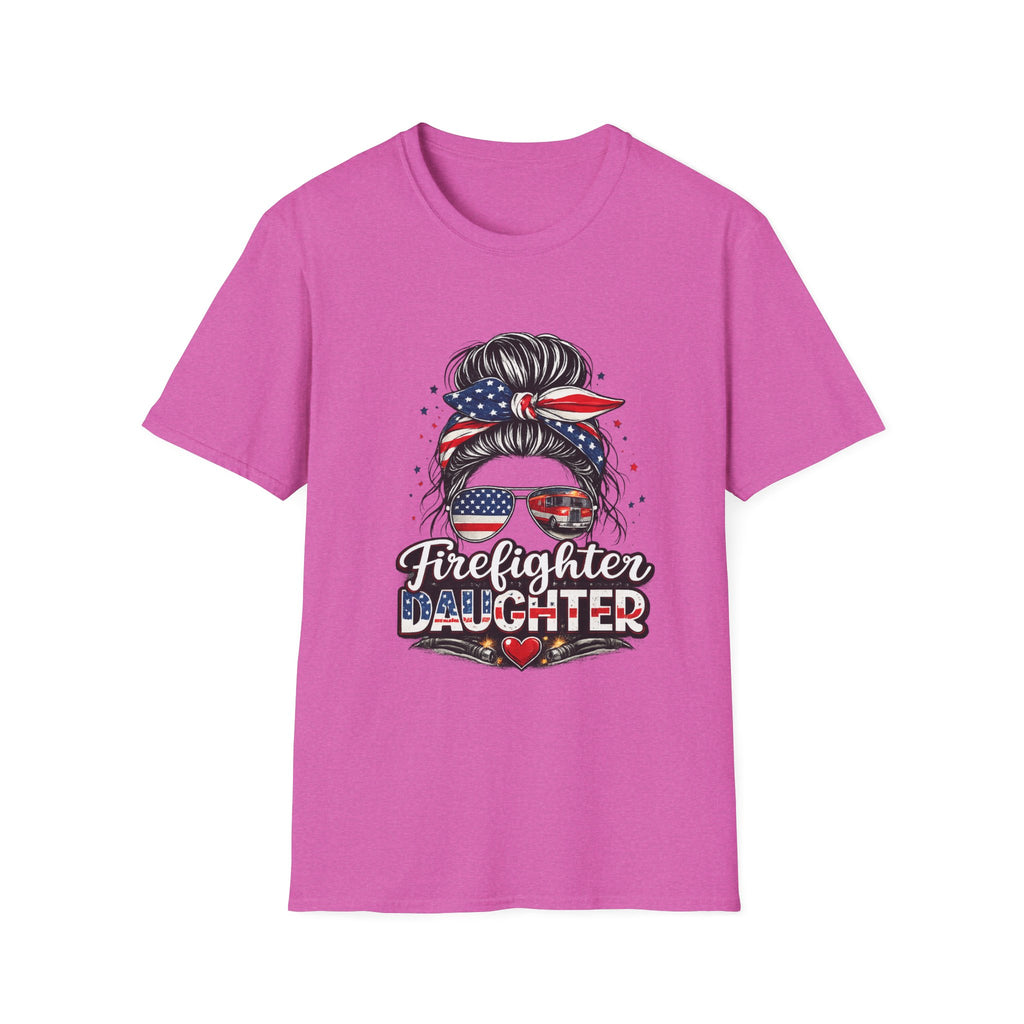 Firefighter Daughter T-Shirt — Patriotic Messy Bun Sunglasses Design