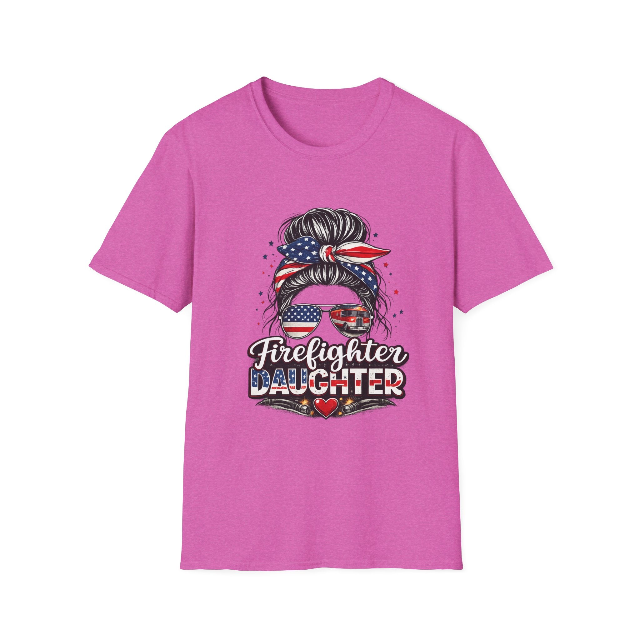 Firefighter Daughter T-Shirt — Patriotic Messy Bun Sunglasses Design