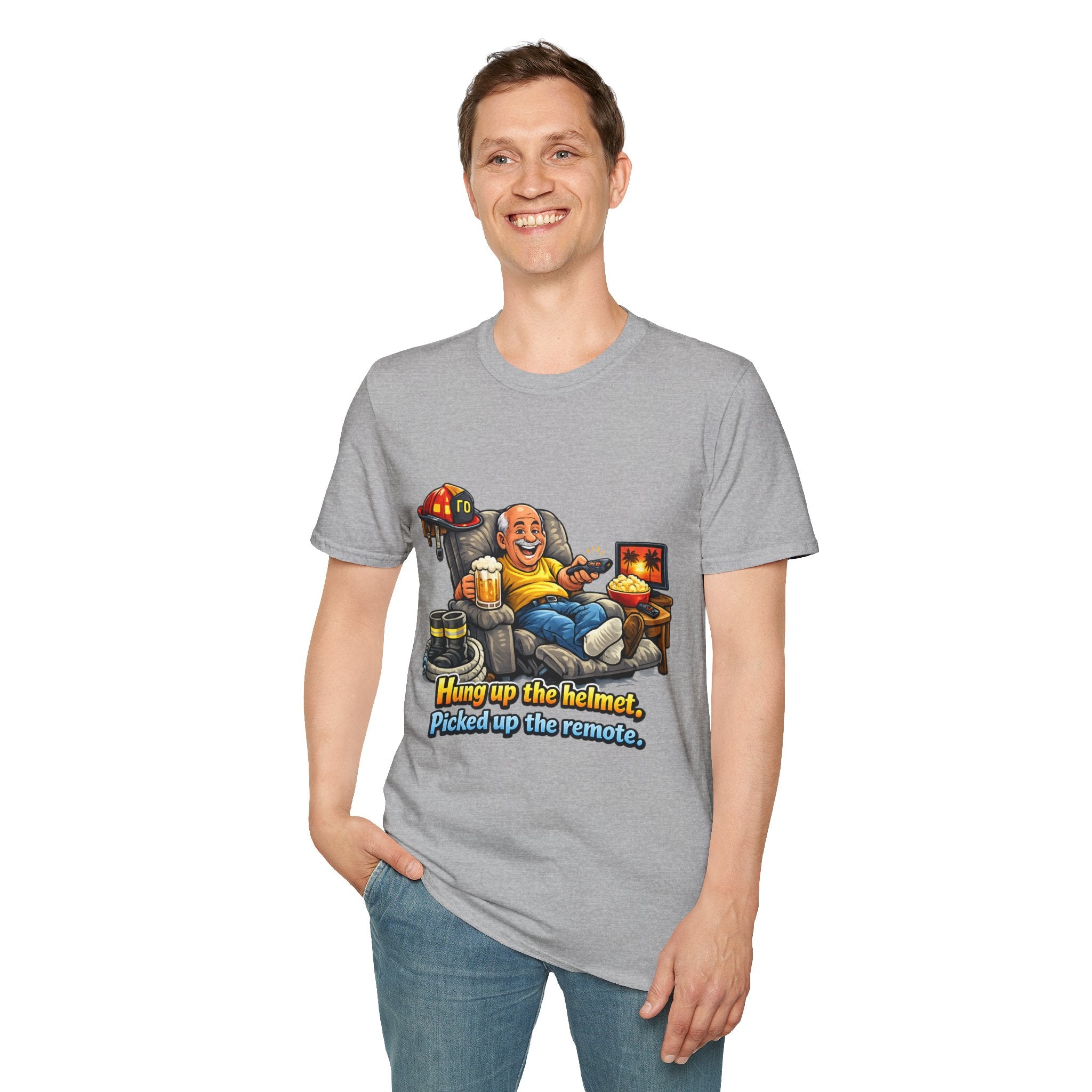 Firefighter Retirement T-Shirt — "Hung up the helmet, picked up the remote" Graphic on Front