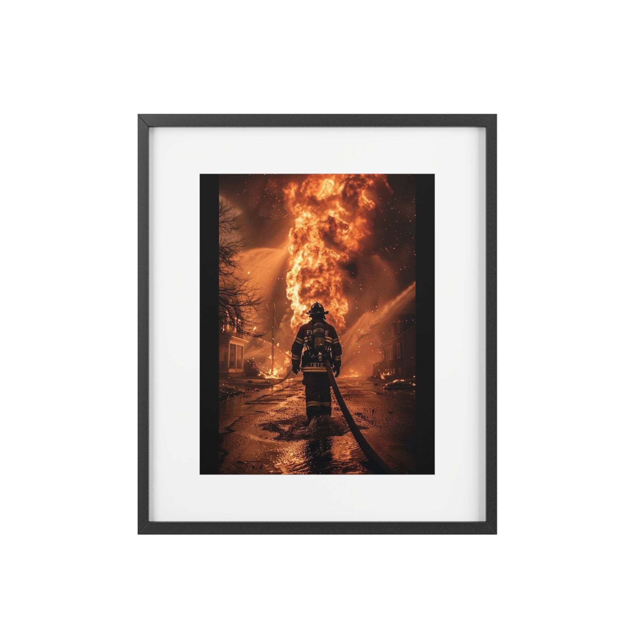 Firefighter Action Framed Poster — Dramatic Blaze Wall Art