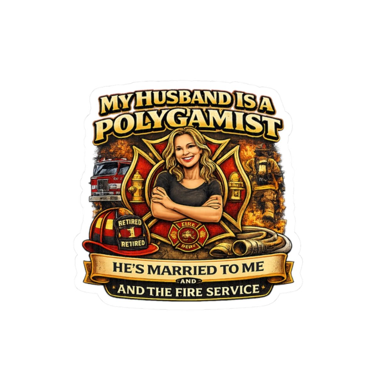 Kiss-Cut Sticker — "My Husband Is A Polygamist" Firefighter Wife Design