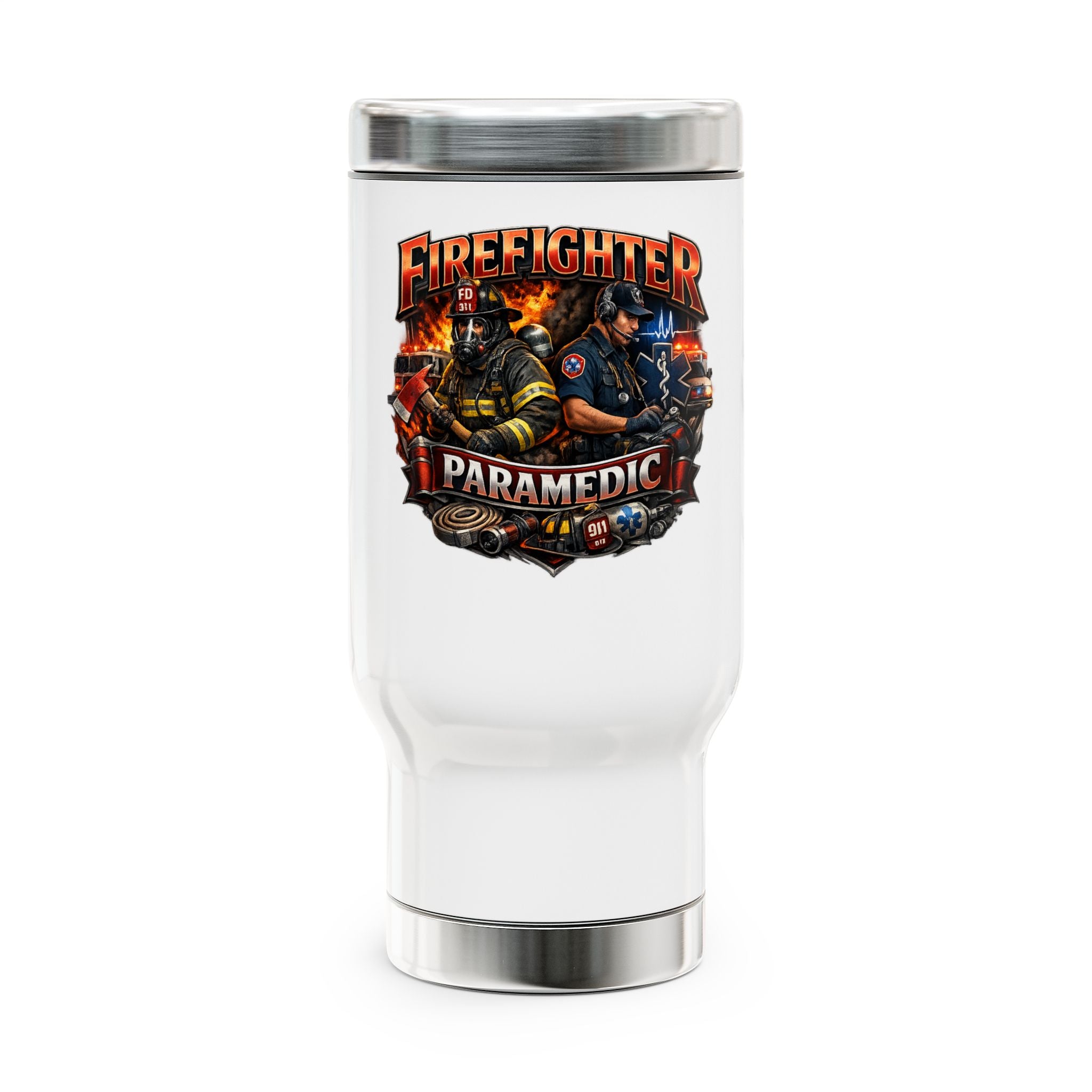 Firefighter Paramedic Stainless Steel Travel Mug — 14oz Insulated Handle Tumbler