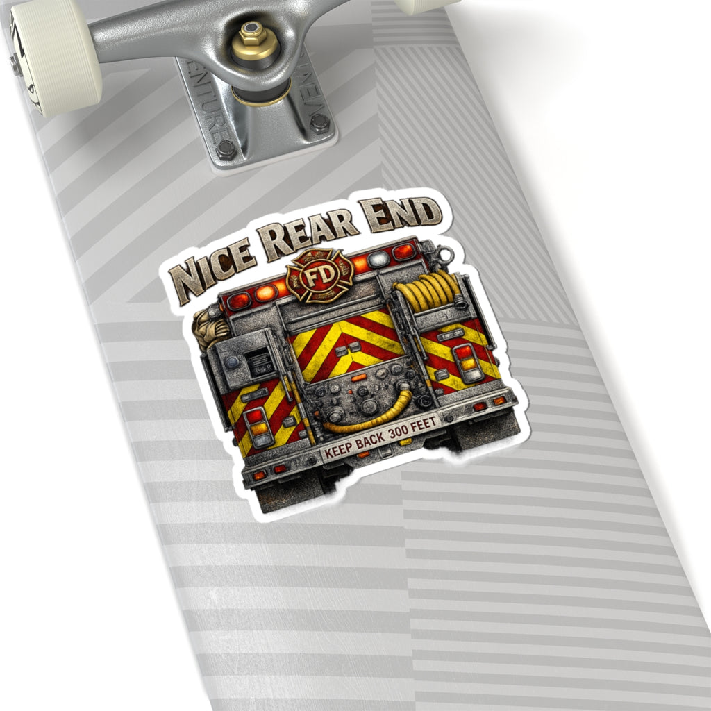 Firetruck Sticker — "Nice Rear End" Funny Firefighter Kiss-Cut Sticker