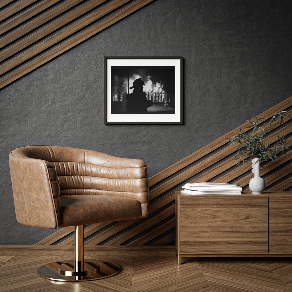 Framed Poster — Silhouette Firefighter Black & White Print