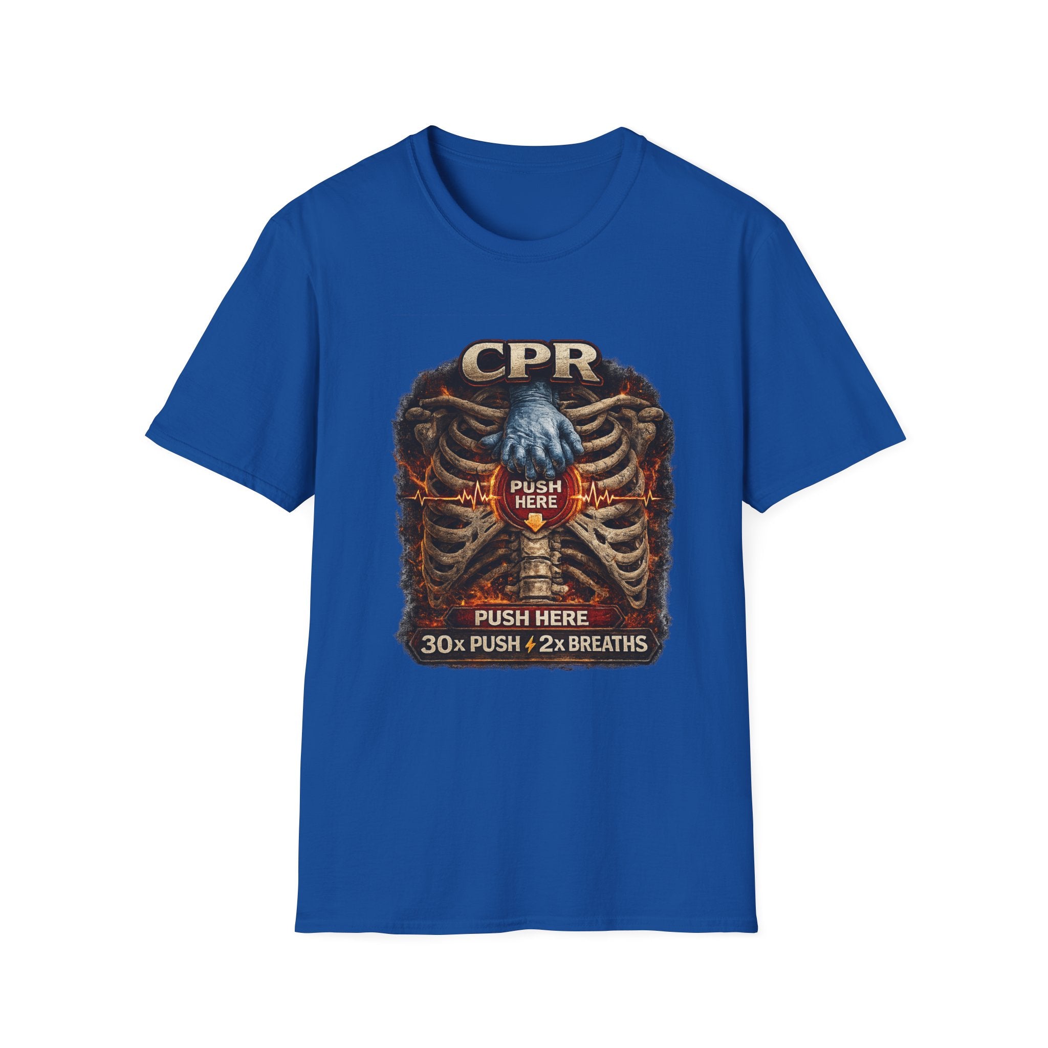 CPR Instruction T-Shirt — Ribcage Graphic with "Push Here: 30x Push + 2x Breaths"