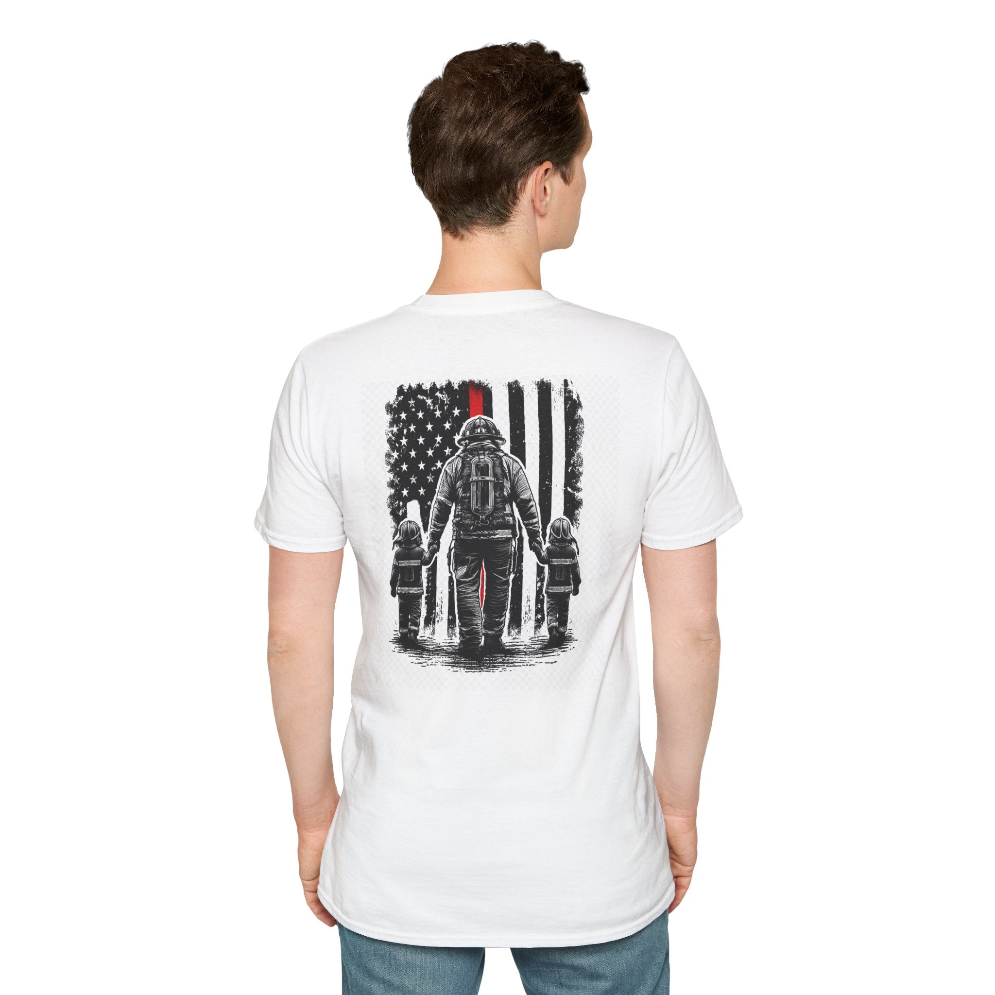 Firefighter Family T-Shirt – Retro American Flag Back Print (Thin Red Line)