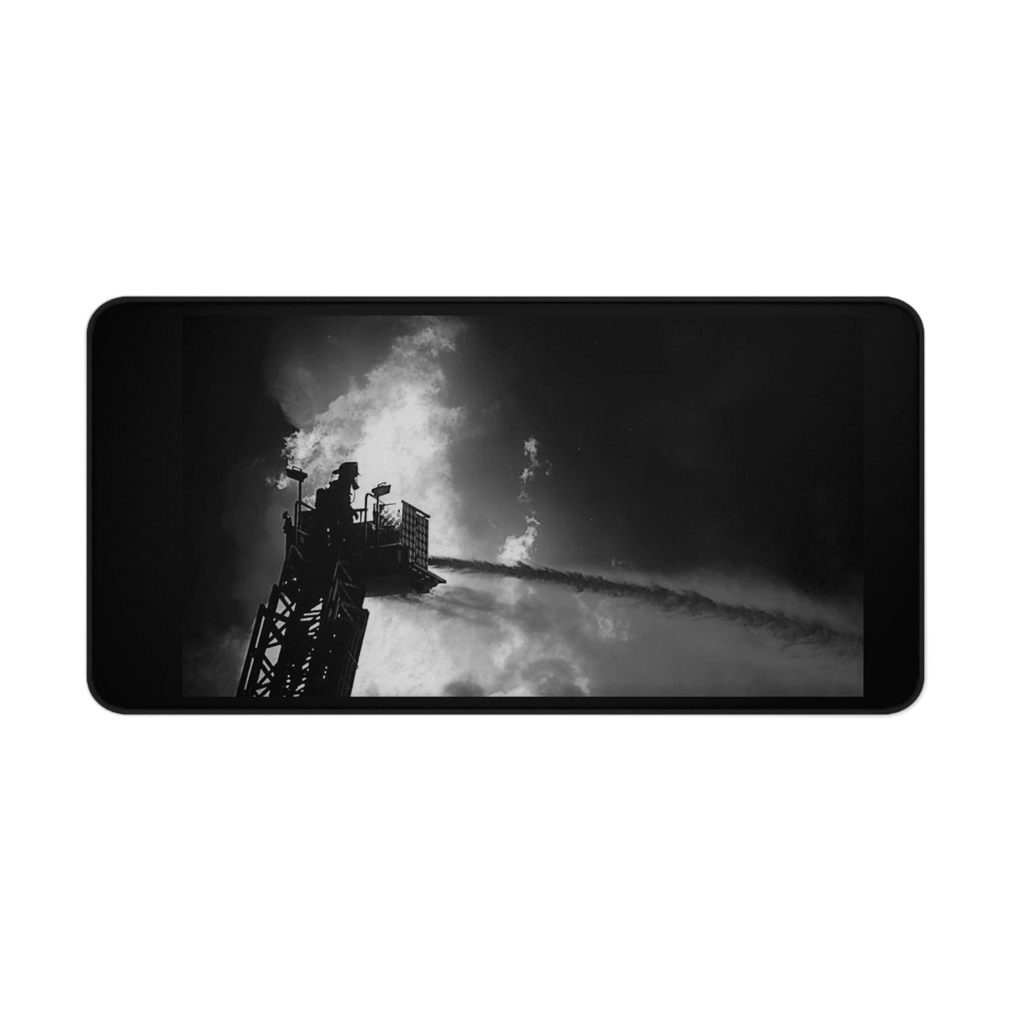 Firefighter Rescue Desk Mat — Dramatic Black & White Firetruck Tower Desk Pad