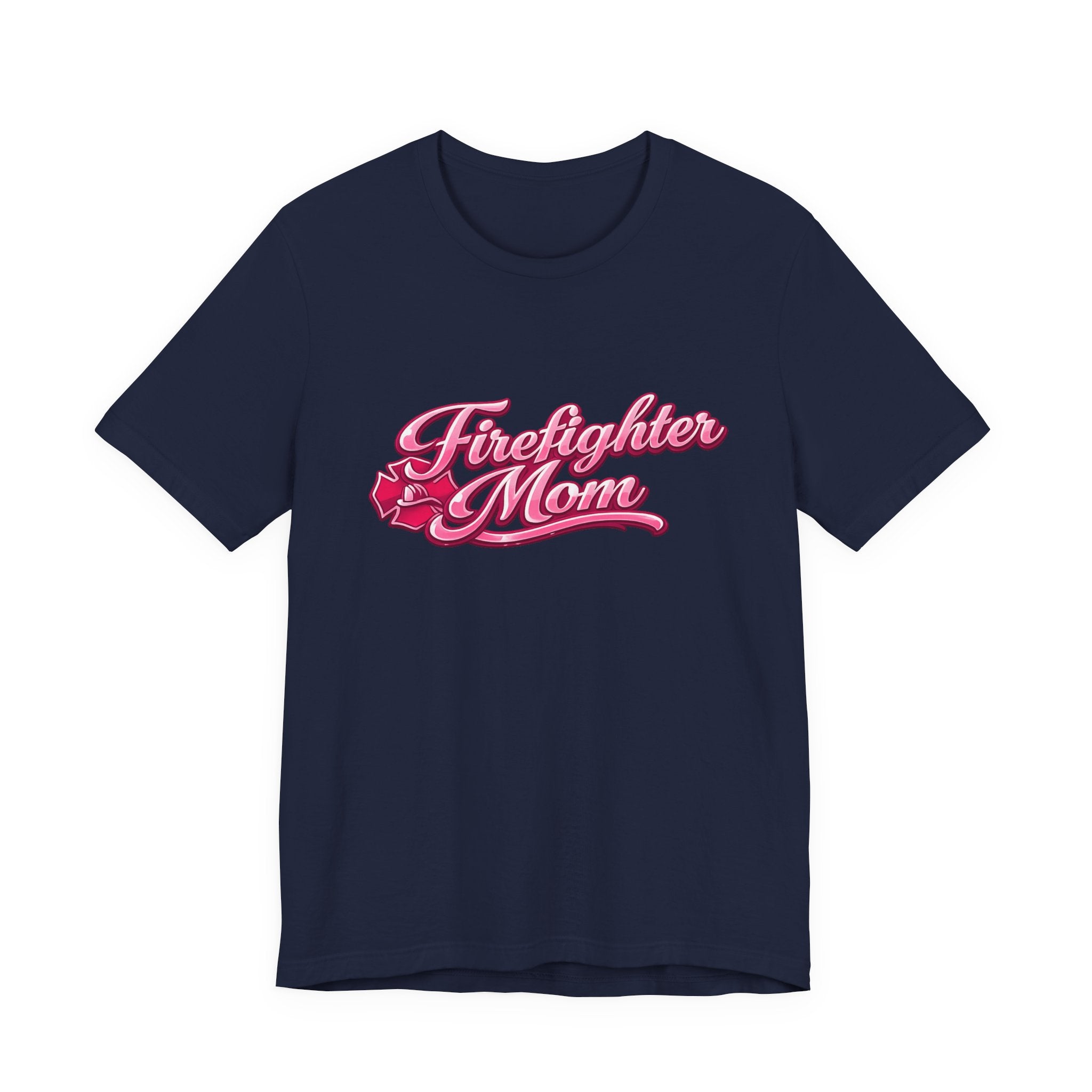 Firefighter Mom T-Shirt — Pink Script Rescue Emblem Tee
