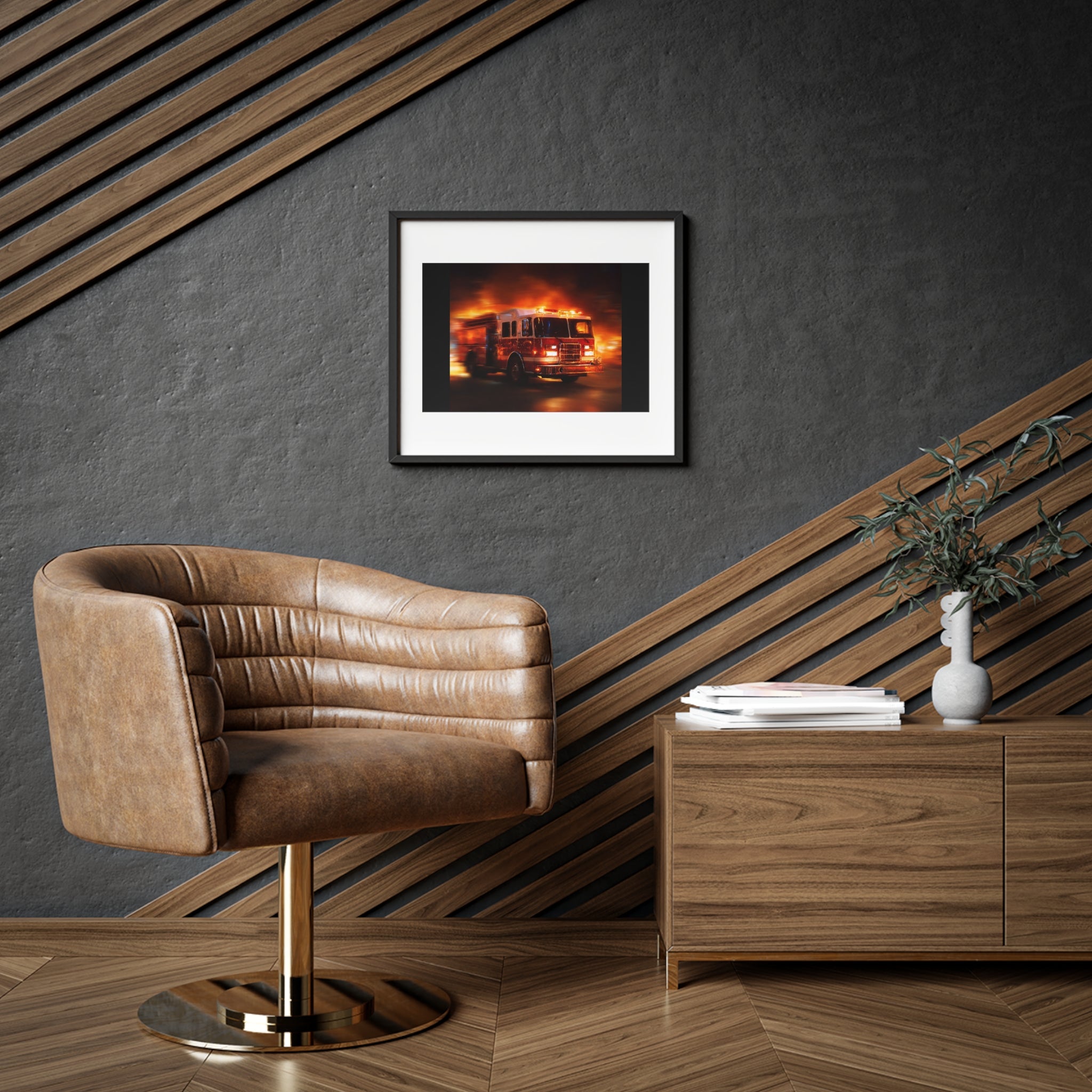 Firefighter Fire Truck Framed Poster — Matte Wall Art for Firehouse & Home