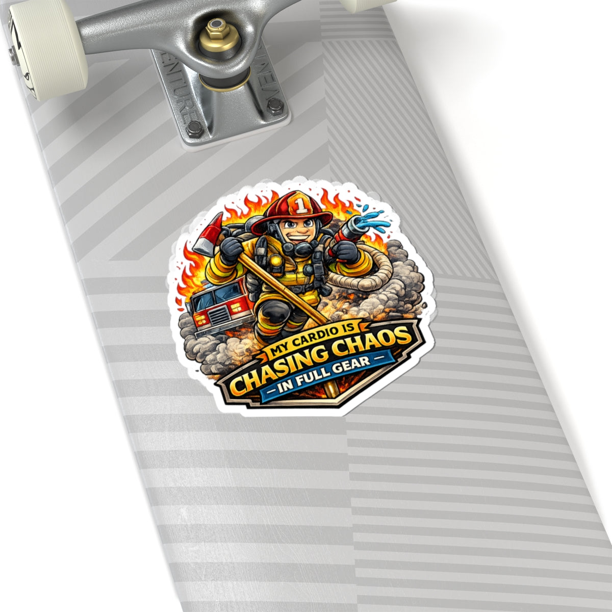 Firefighter Sticker — "My Cardio Is Chasing Chaos in Full Gear" Kiss-Cut Decal