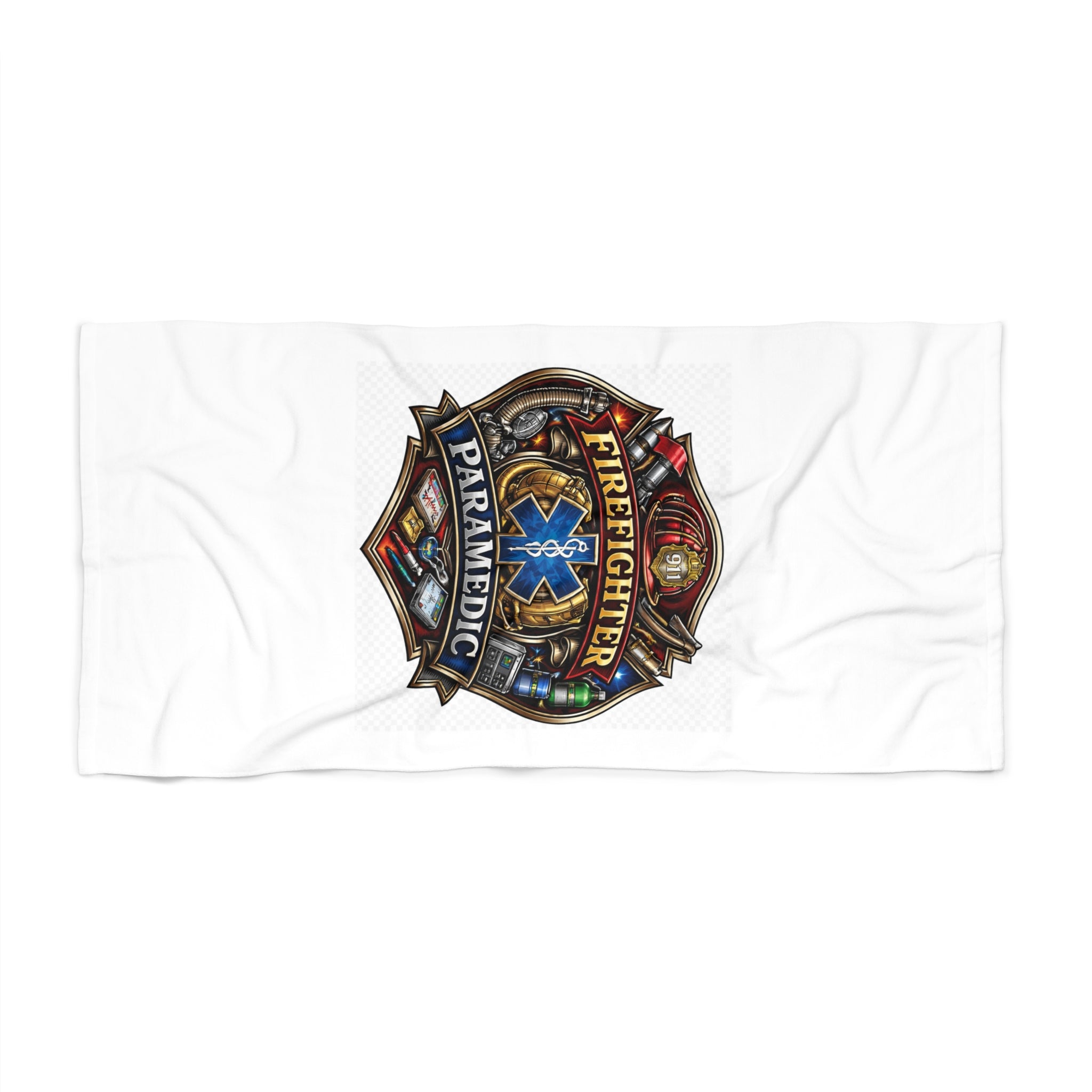 Firefighter Paramedic Badge Beach Towel - EMT Rescue Emblem Beach Blanket