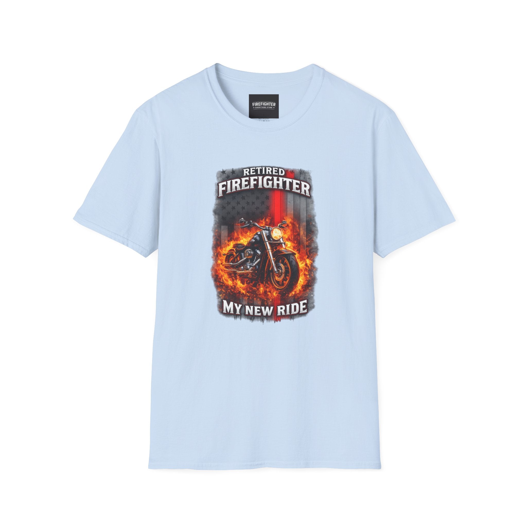 Retired Firefighter Motorcycle T-Shirt — “My New Ride” Biker Tee" Graphic on Front