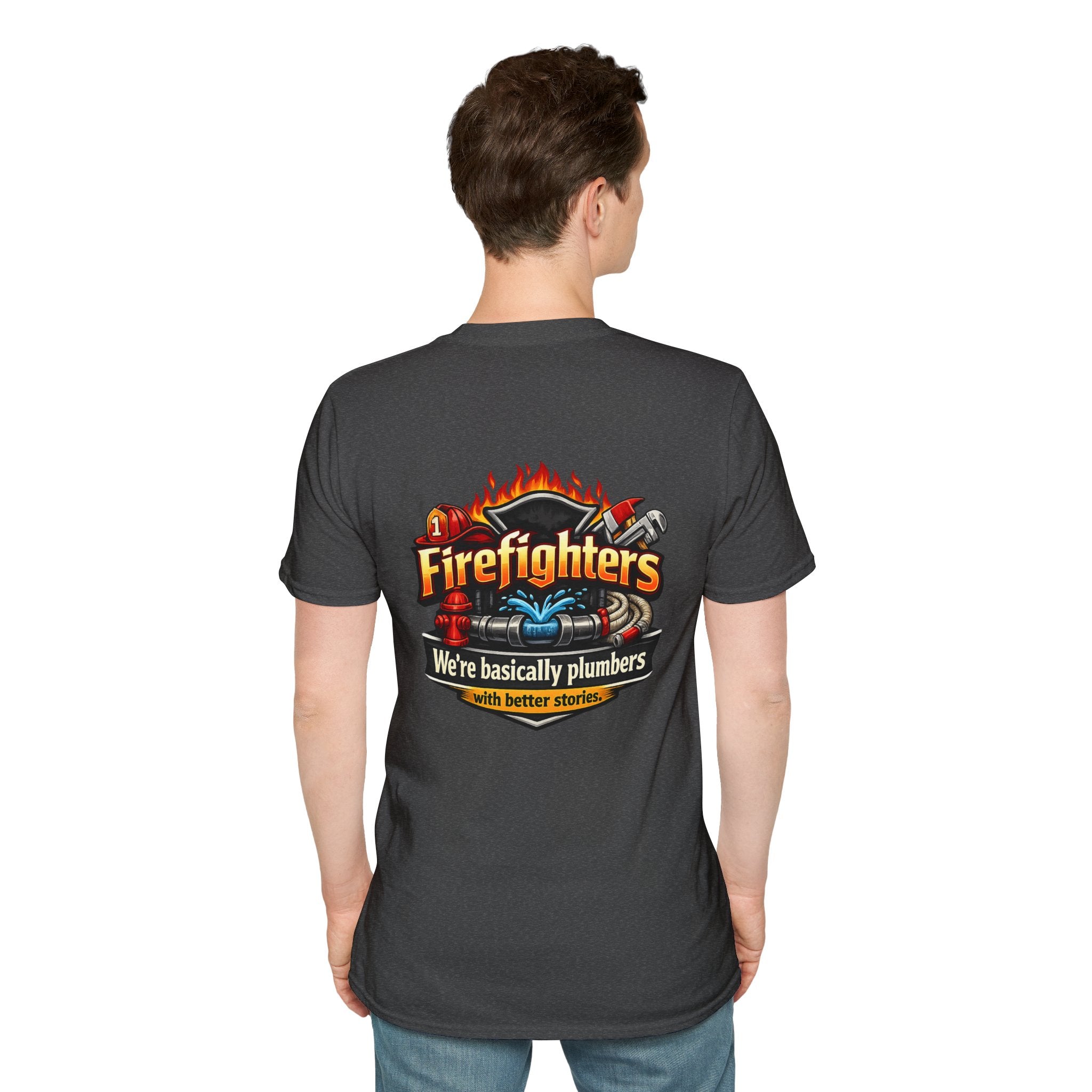 Firefighters Graphic T-Shirt — "We're Basically Plumbers" Firefighter Gift
