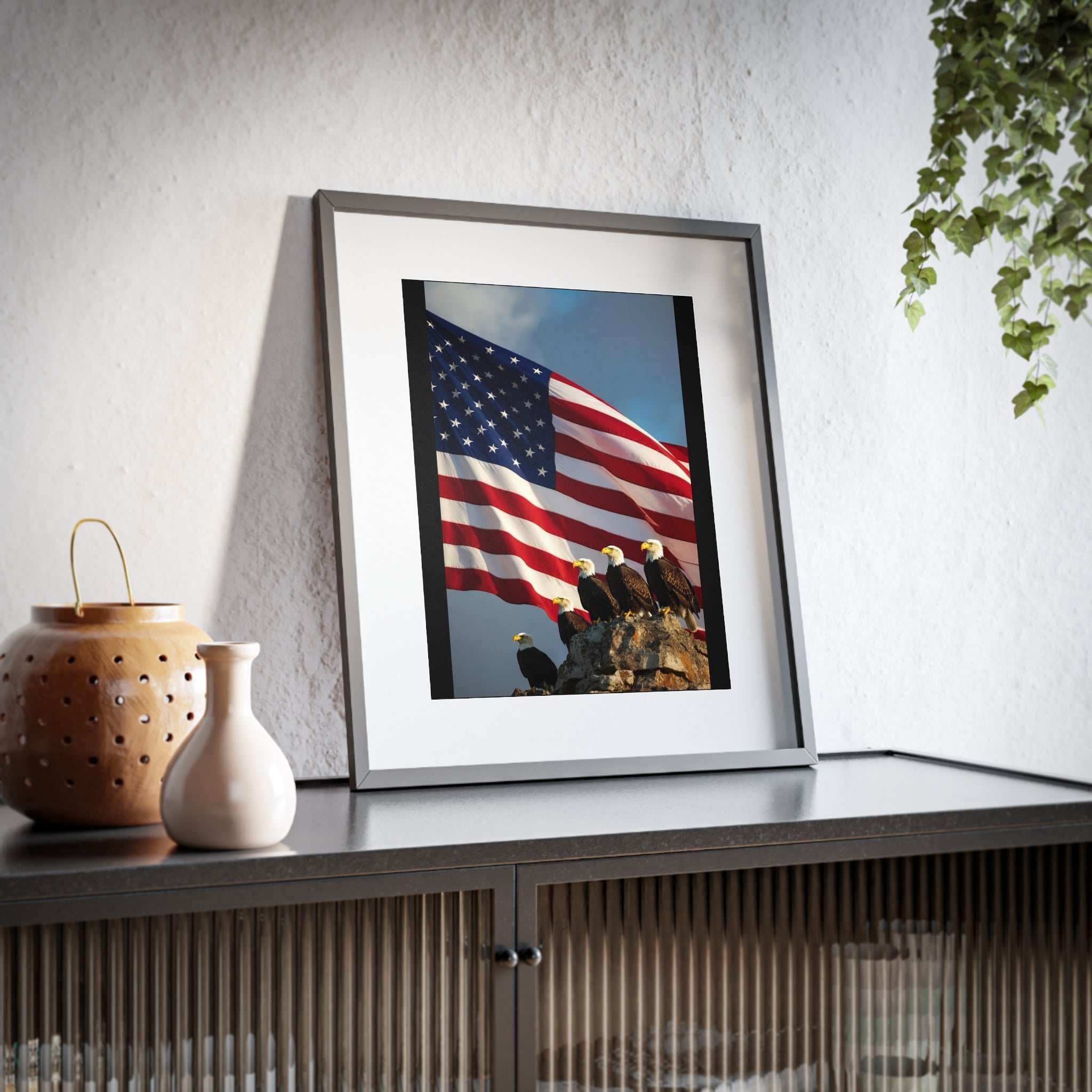 Framed Poster - Patriotic Bald Eagles & American Flag Wall Art (Matte)