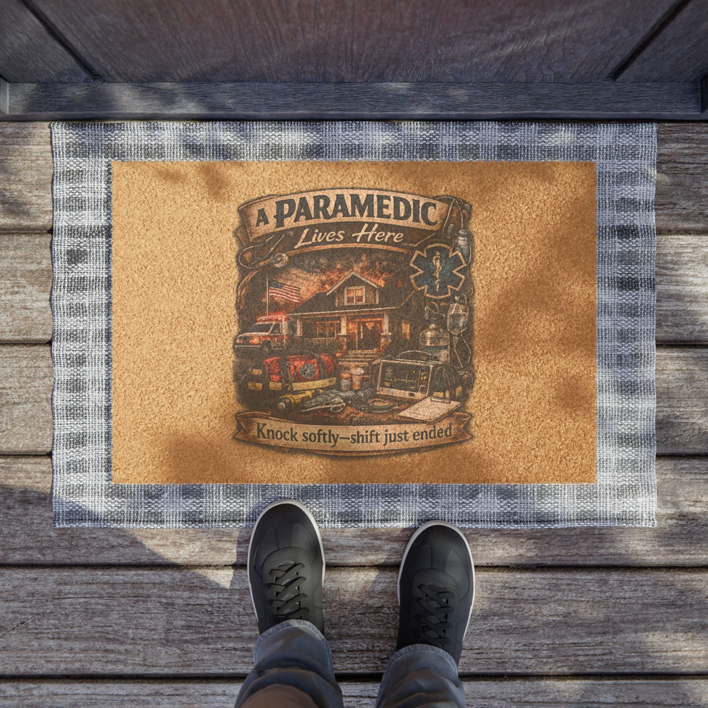 Paramedic Doormat – "A Paramedic Lives Here" Welcome Mat (Knock Softly, Shift Just Ended)