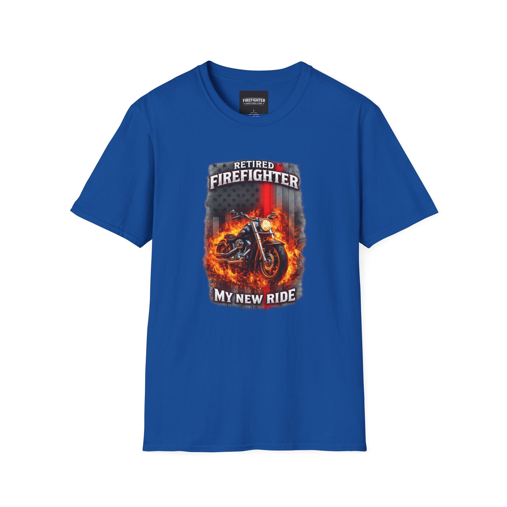Retired Firefighter Motorcycle T-Shirt — “My New Ride” Biker Tee" Graphic on Front