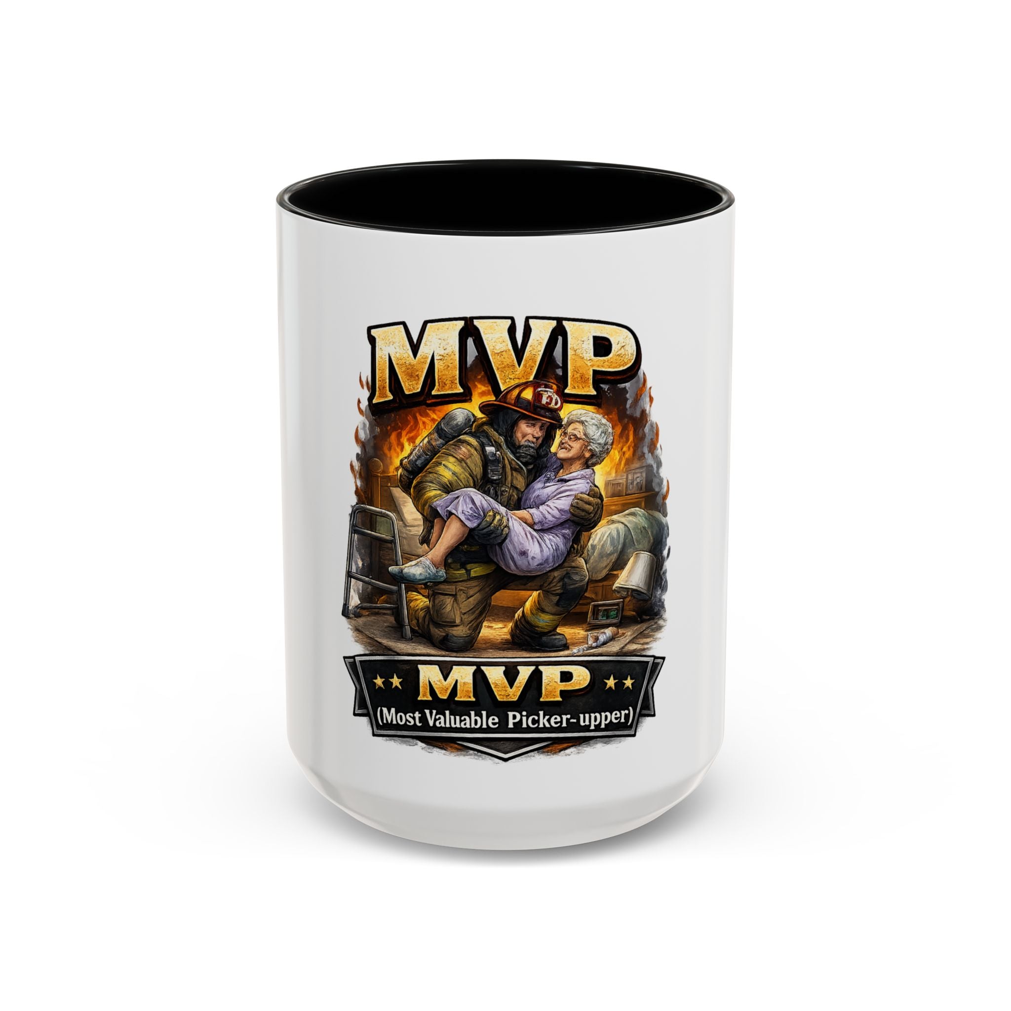 MVP Coffee Mug — "Most Valuable Picker-Upper" Firefighter Rescue Design (11/15 oz)