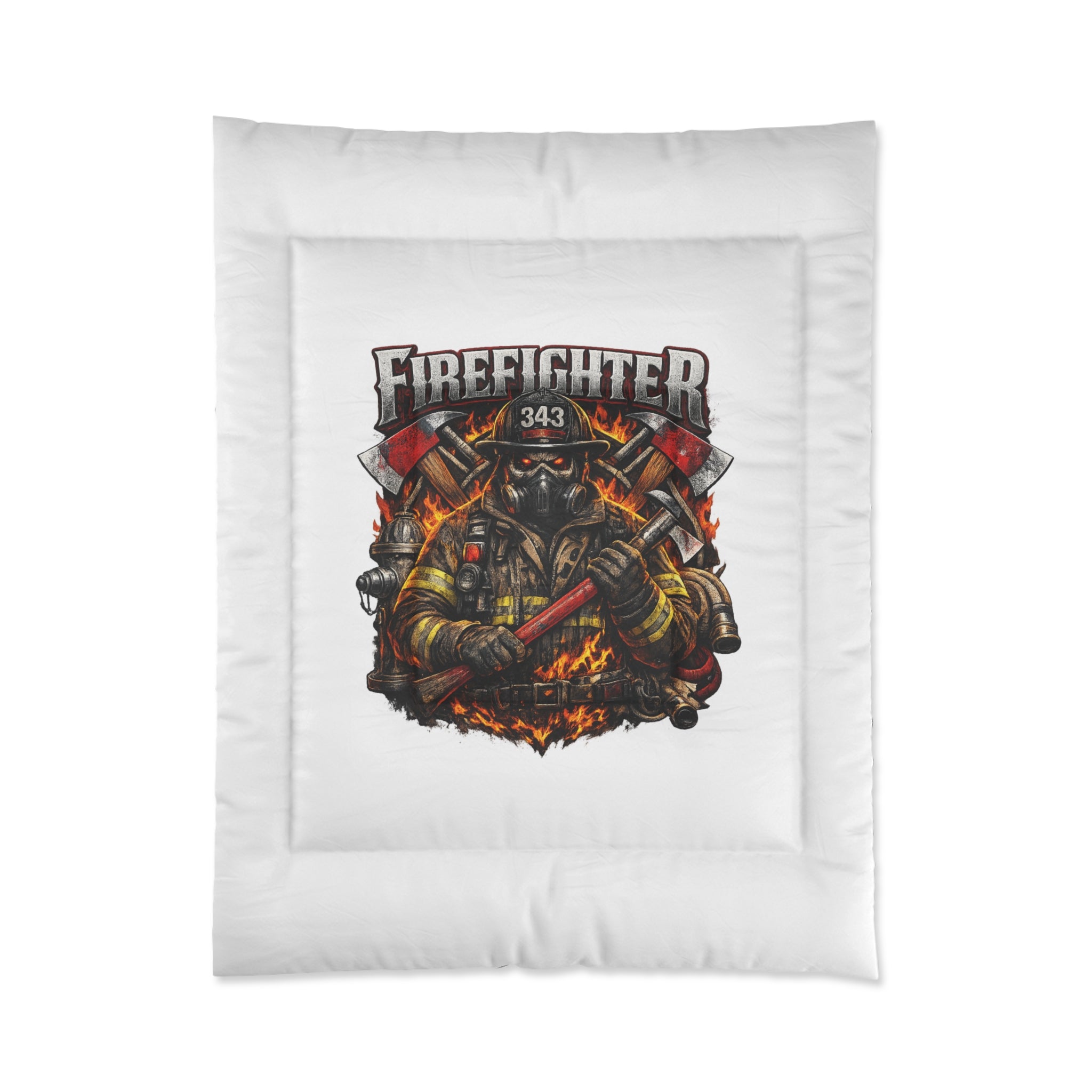 Firefighter Comforter – Brave Firefighter Helmet & Flames Bedding (Number 343)