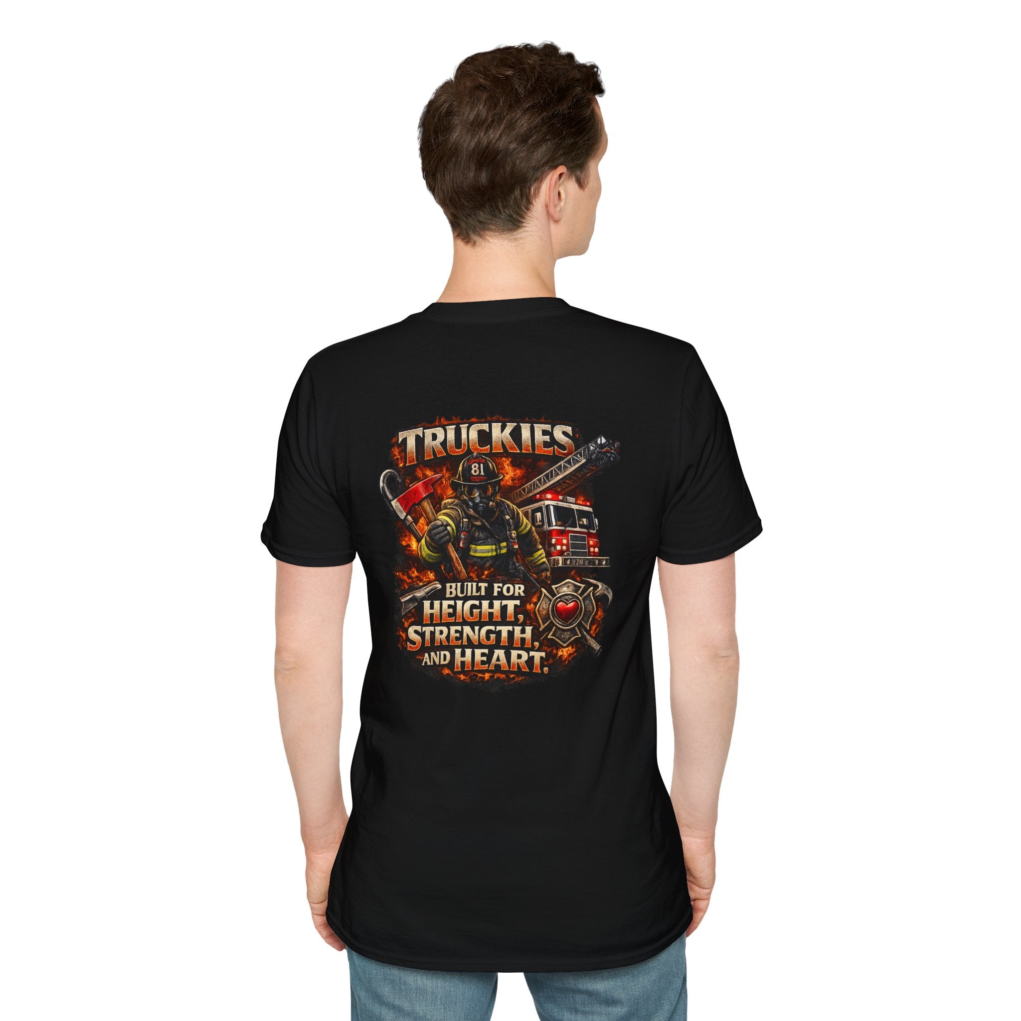 Firefighter Truckies T-Shirt — "Built for Height, Strength and Heart"