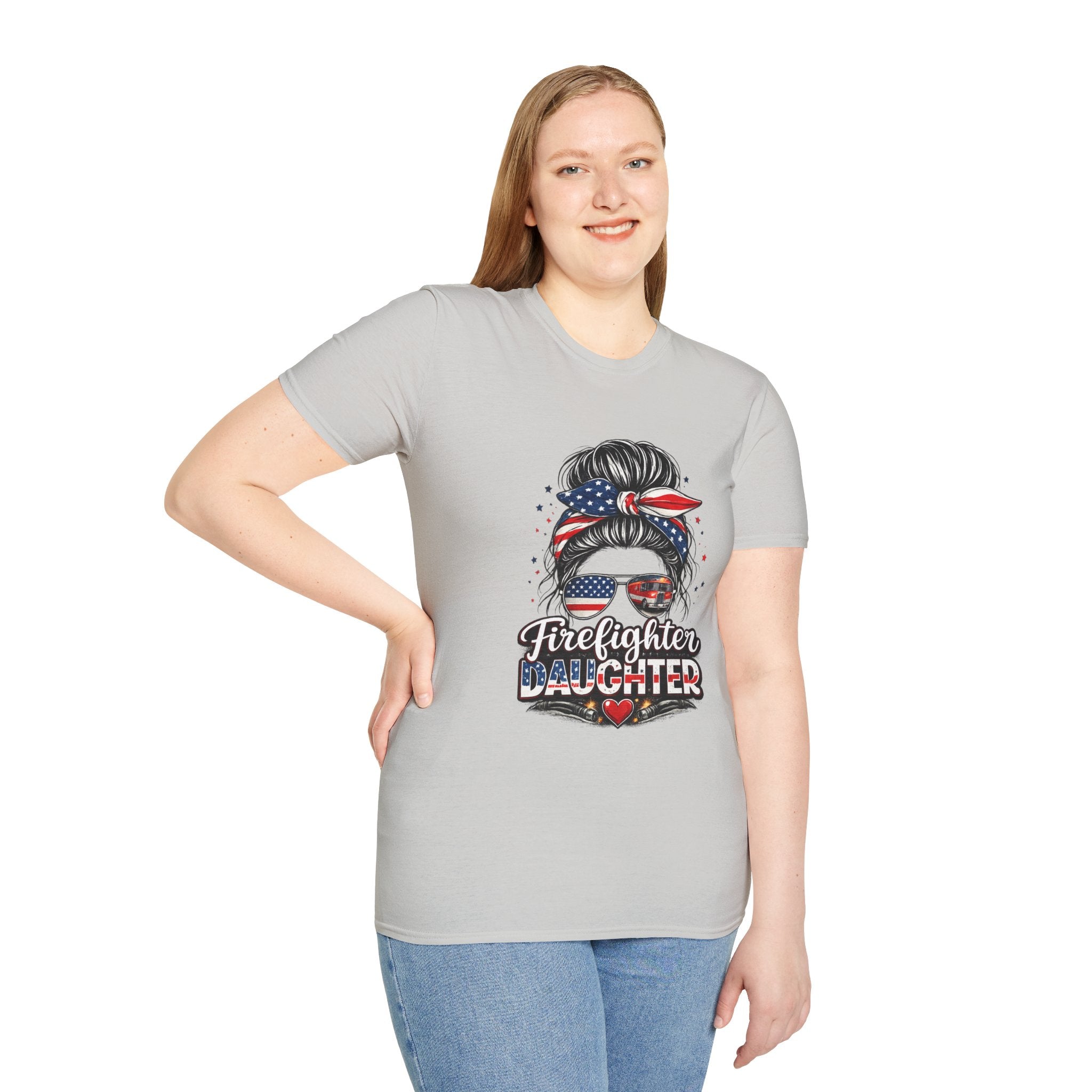 Firefighter Daughter T-Shirt — Patriotic Messy Bun Sunglasses Design