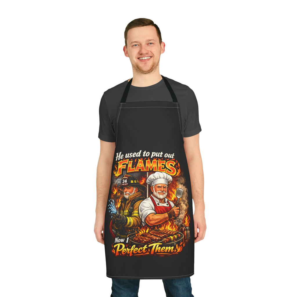 Firefighter Dad Chef Apron — "He used to put out flames, now I perfect them" Grill & BBQ Apron