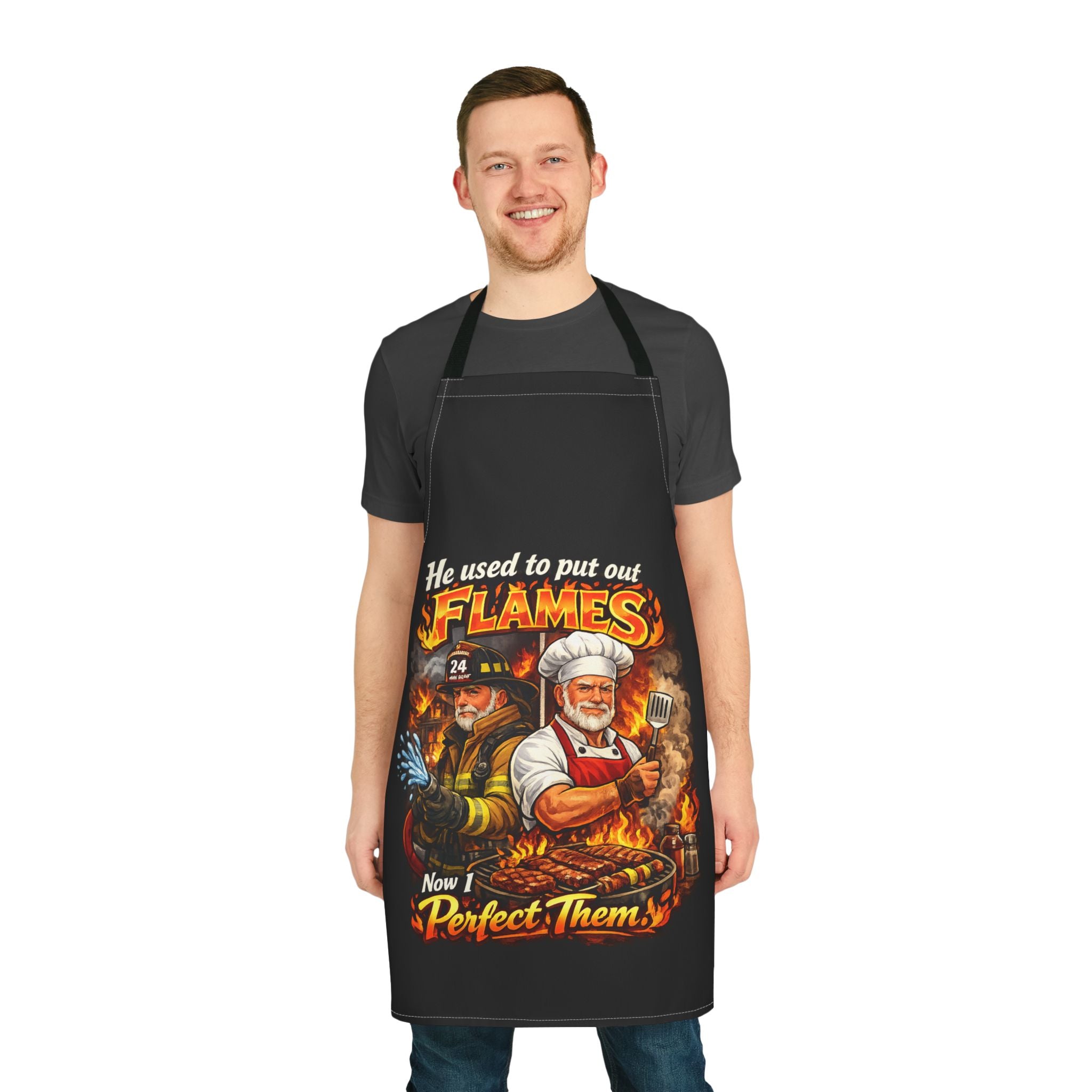Firefighter Dad Chef Apron — "He used to put out flames, now I perfect them" Grill & BBQ Apron