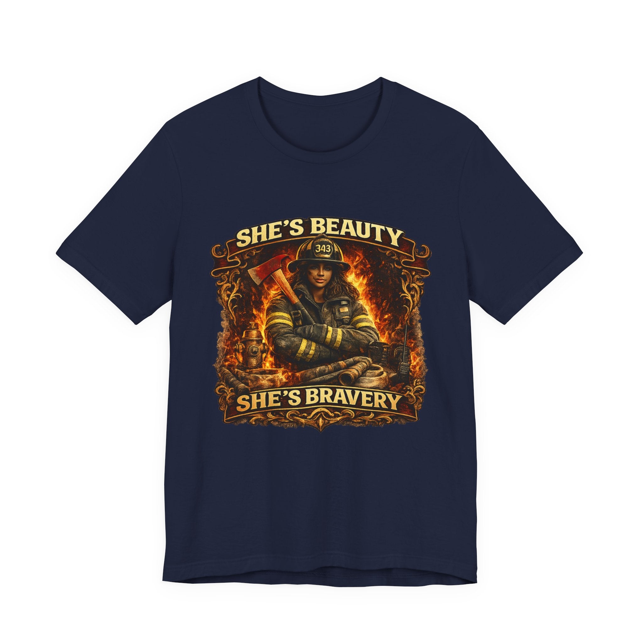 Firefighter Woman Tee - "She's Beauty, She's Bravery" Graphic T-Shirt
