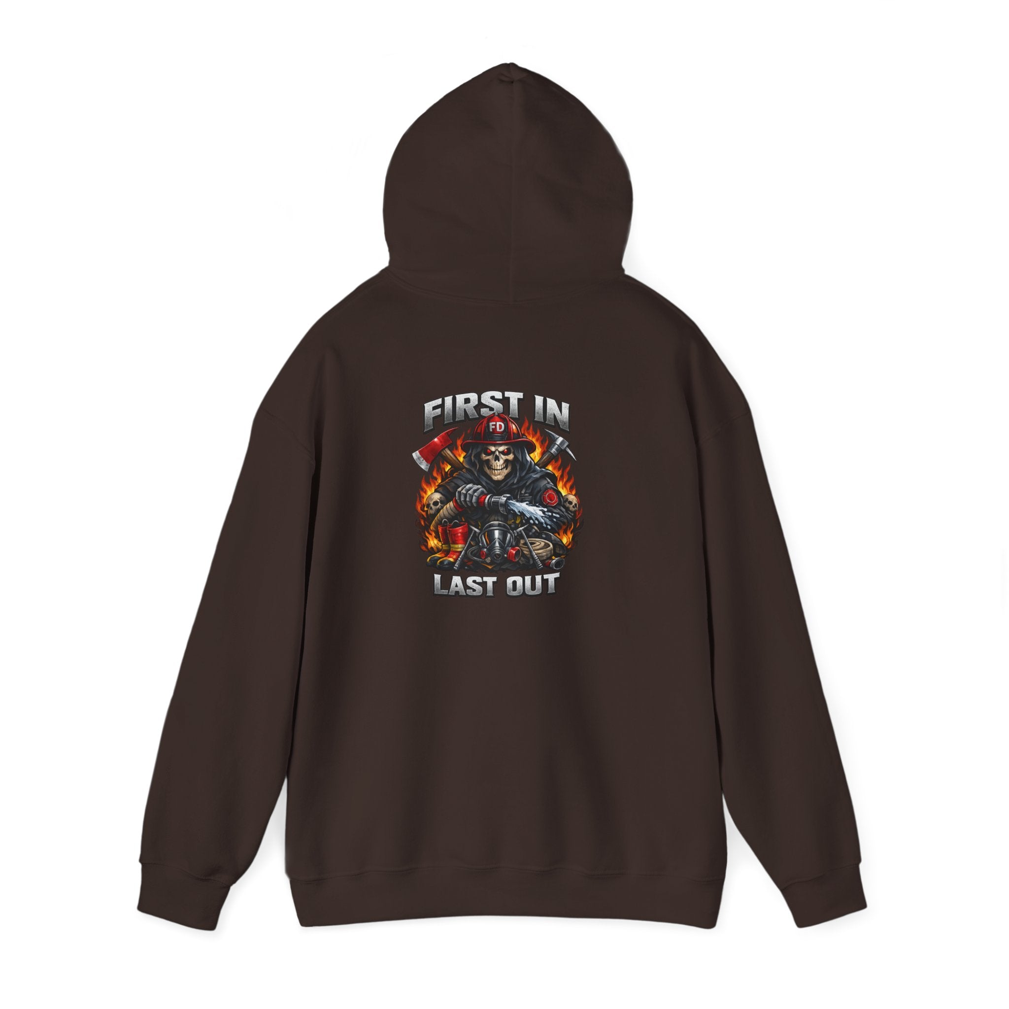 Fireman Skull Hoodie - "Fire In, Last Out" Firefighter Pullover