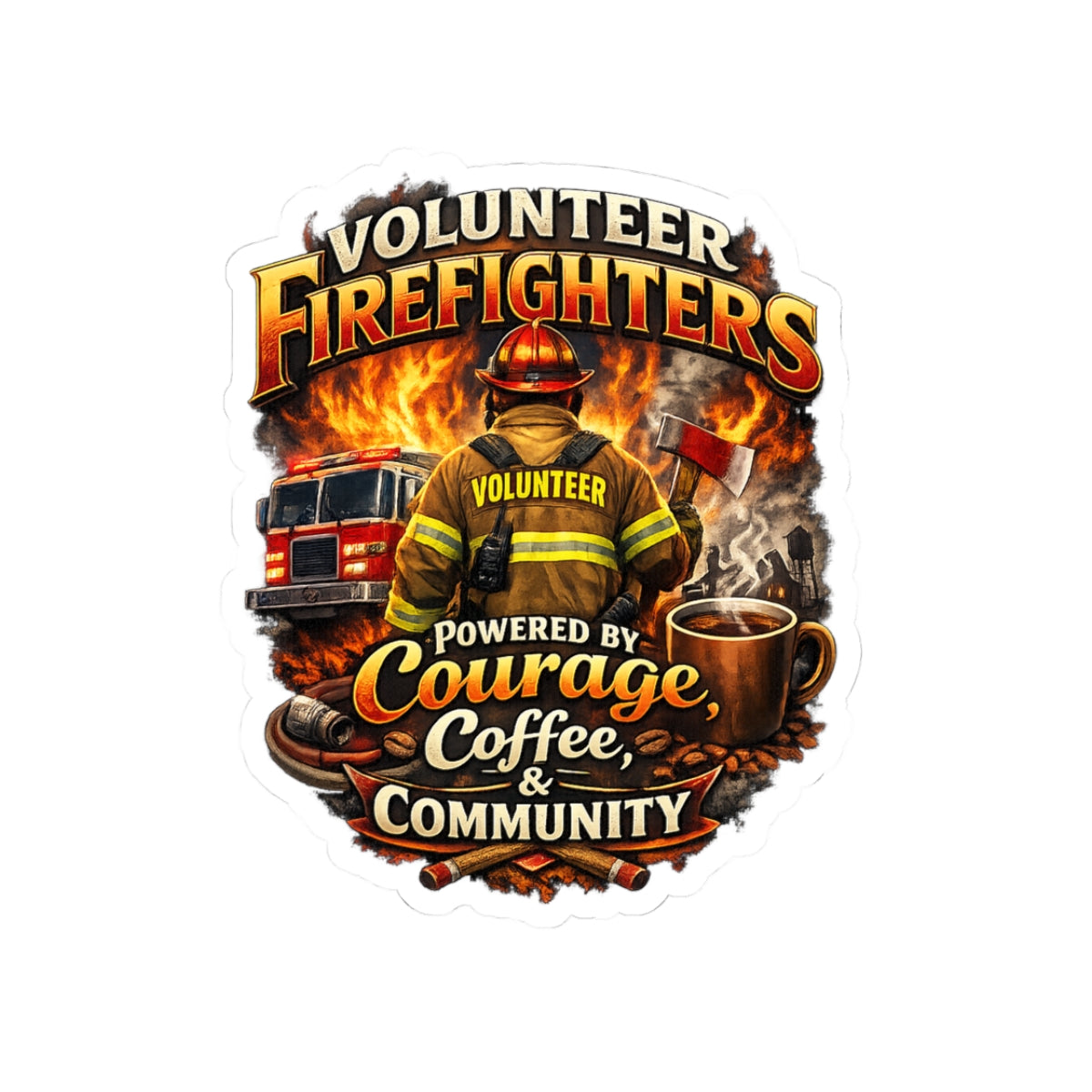 Volunteer Firefighters Kiss-Cut Sticker — "Powered by Courage, Coffee & Community"