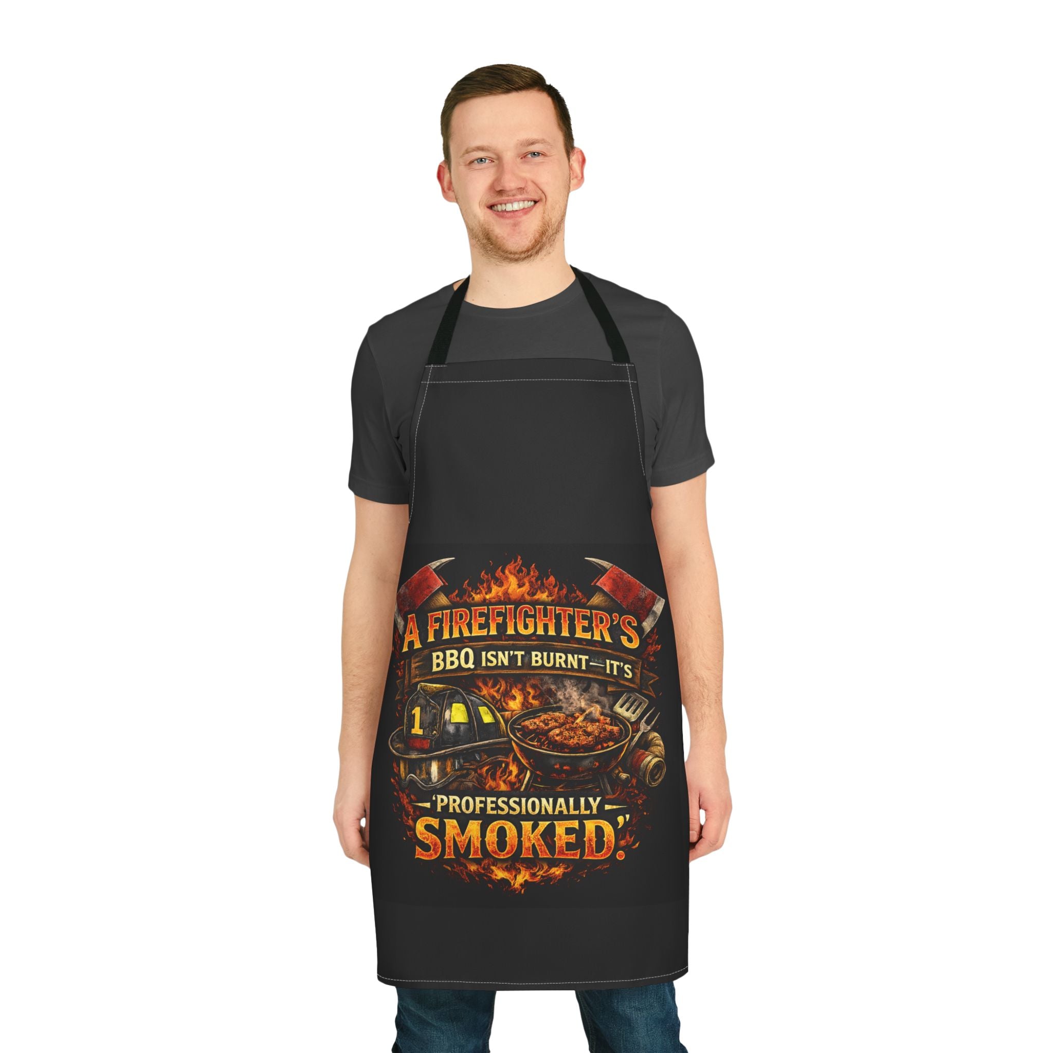 Firefighter BBQ Apron - "A Firefighter's BBQ Isn't Burnt — It's Professionally Smoked"