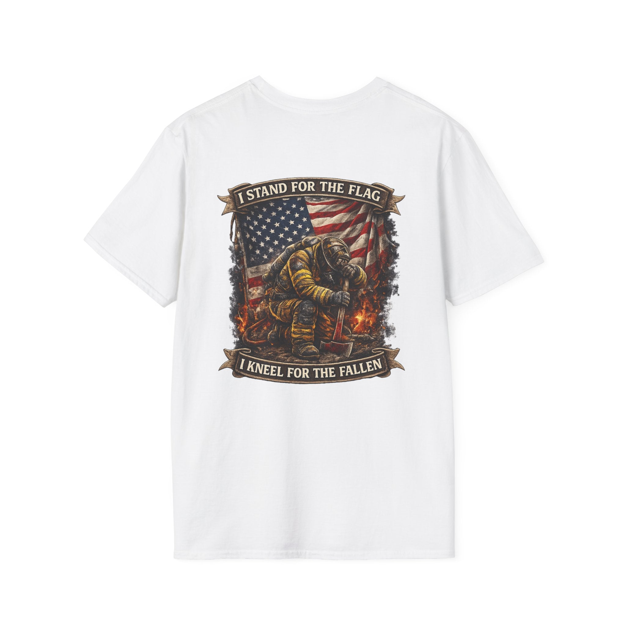 Patriotic Firefighter T-Shirt — "I Stand for the Flag, I Kneel for the Fallen"