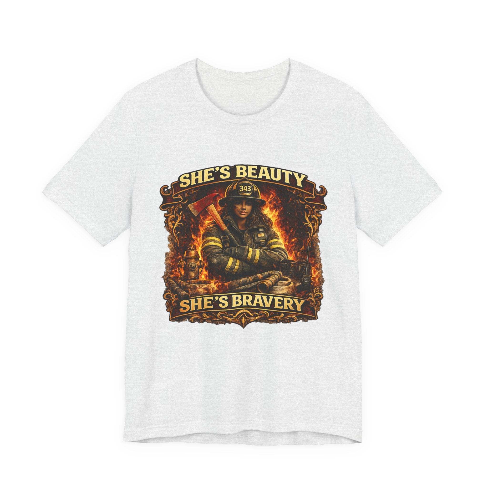 Firefighter Woman Tee - "She's Beauty, She's Bravery" Graphic T-Shirt