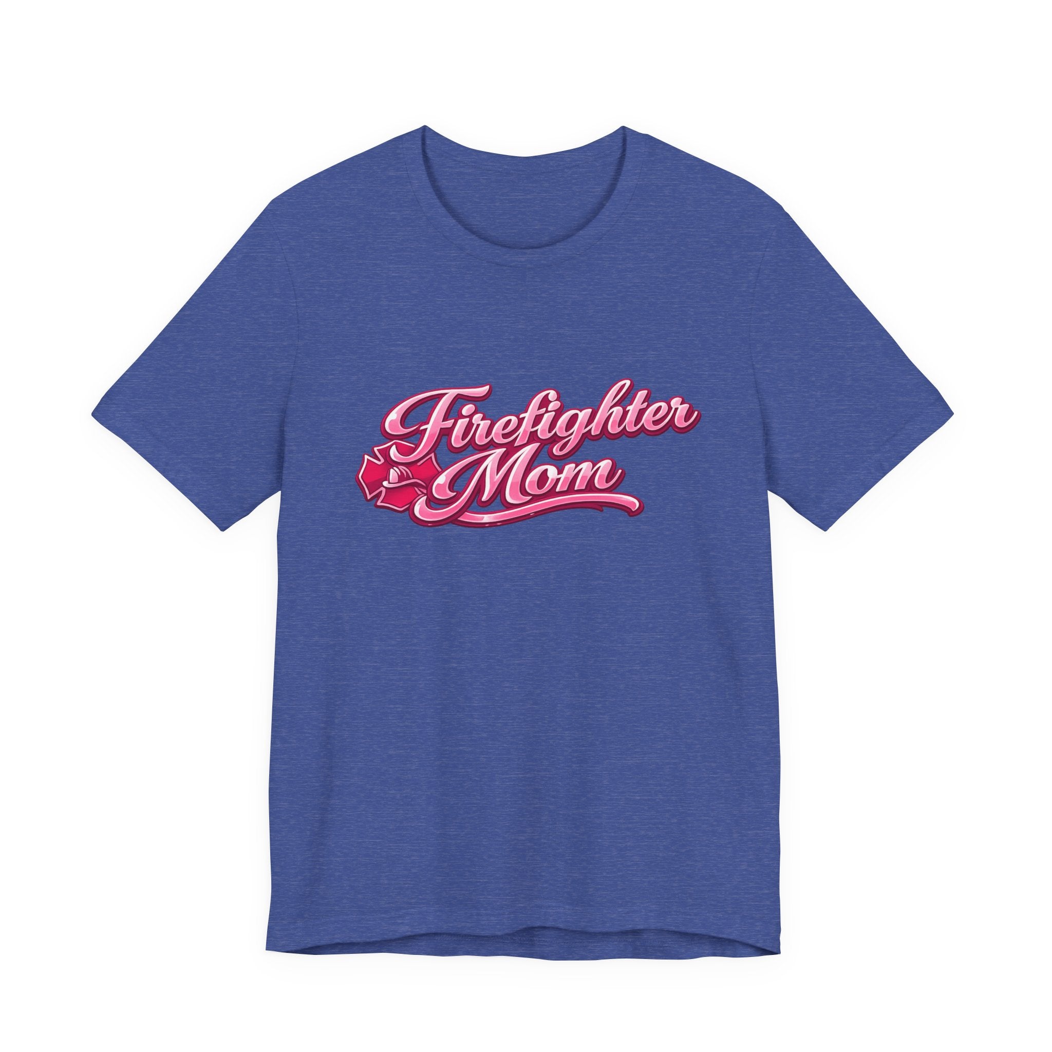 Firefighter Mom T-Shirt — Pink Script Rescue Emblem Tee