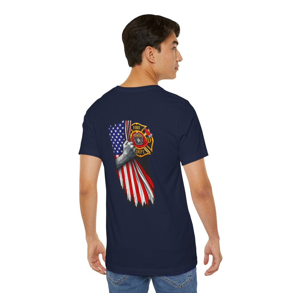 Firefighter Flag T-Shirt — American Flag & Maltese Cross Back Tee