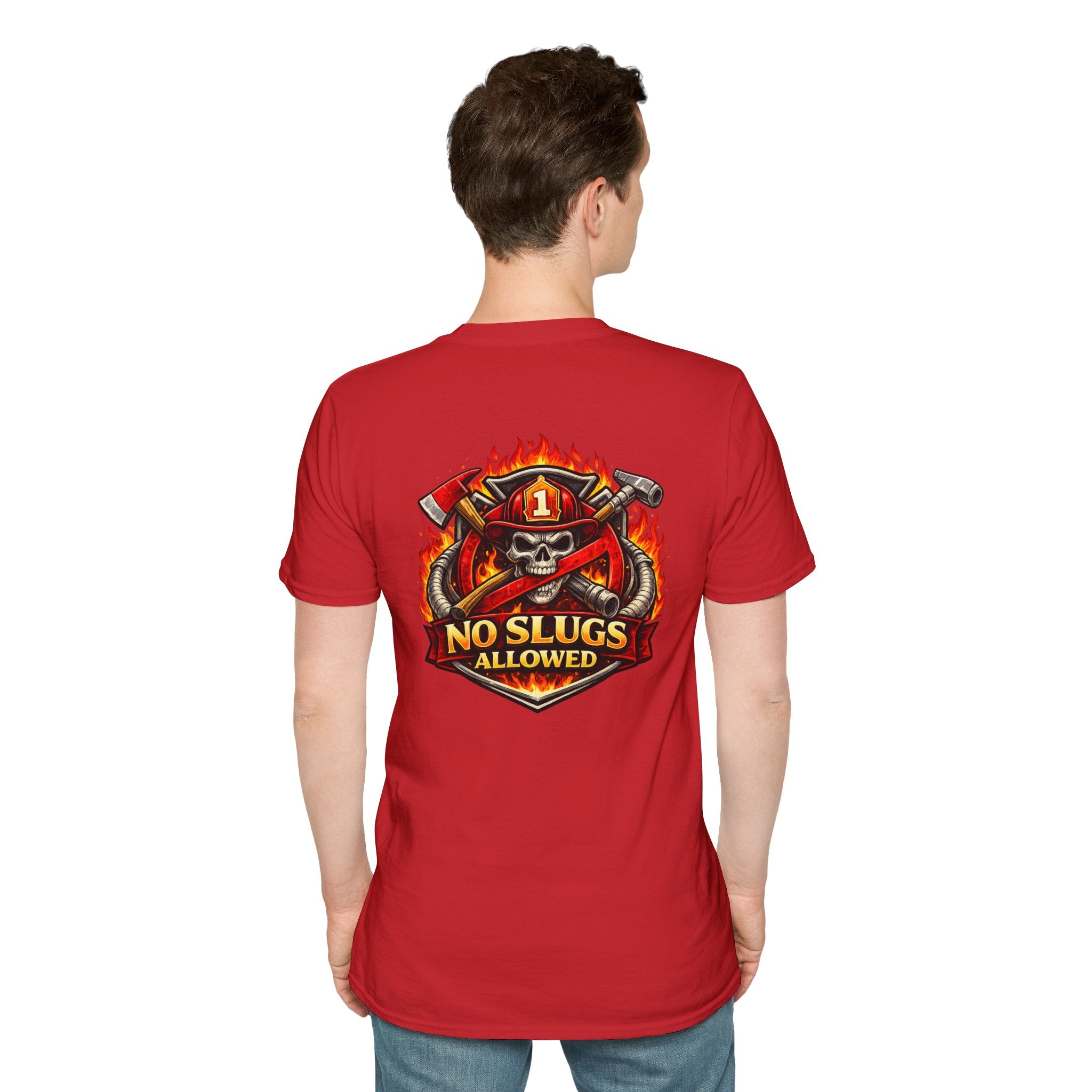 Firefighter Skull T-Shirt — "No Slugs Allowed" Graphic Tee