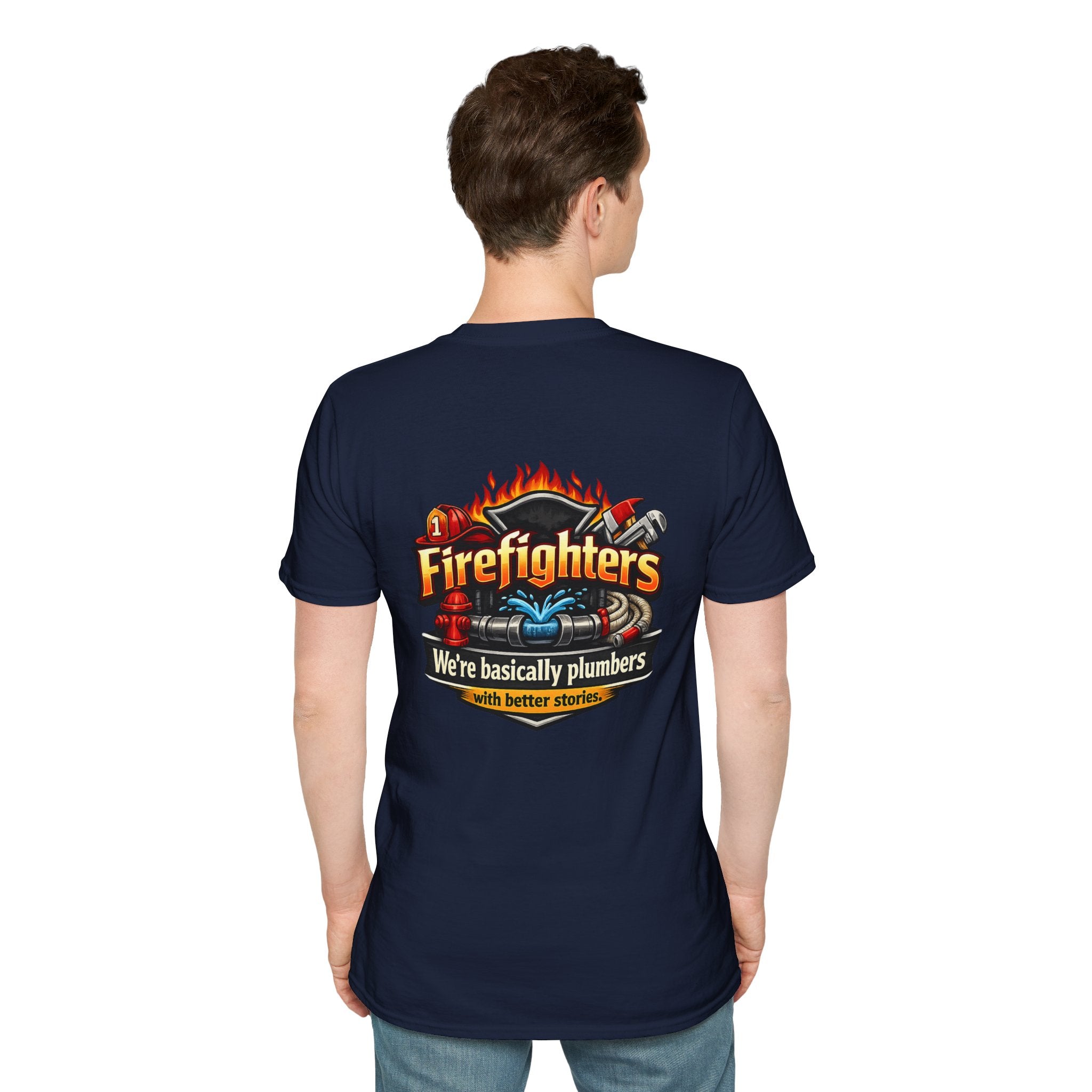 Firefighters Graphic T-Shirt — "We're Basically Plumbers" Firefighter Gift