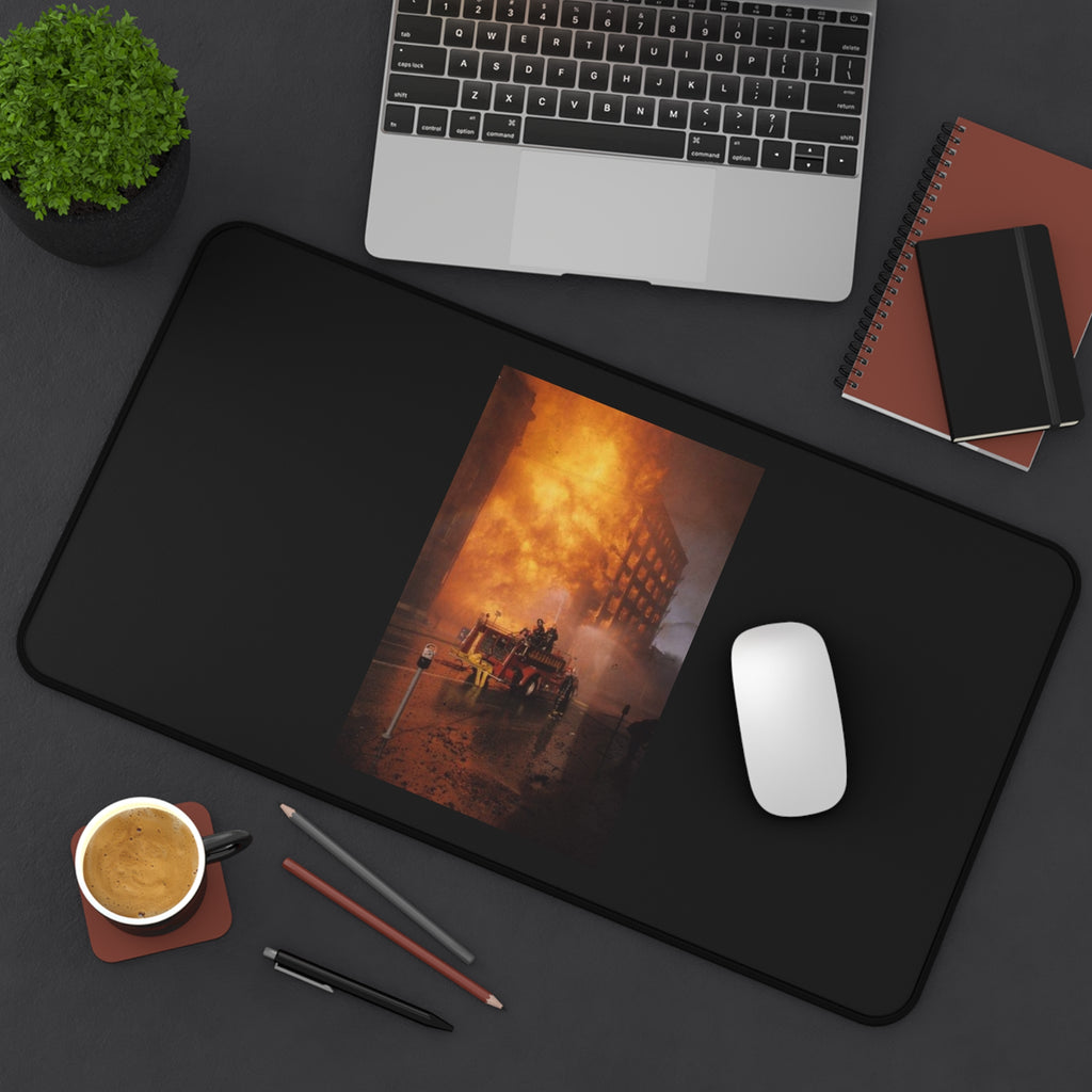 Firefighter Rescue Desk Mat — Dramatic Urban Blaze Photo Mouse Pad