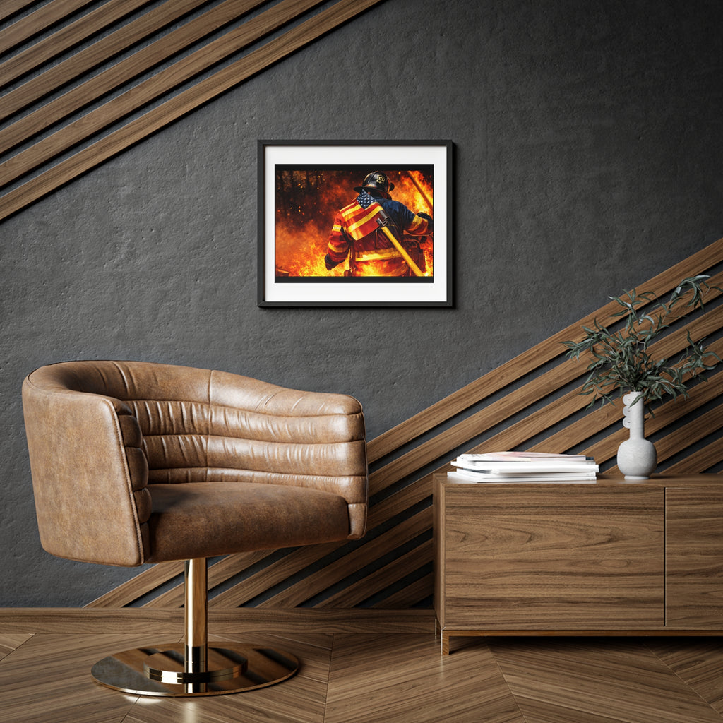 Firefighter American Flag Framed Poster — Patriotic Firefighter Wall Art