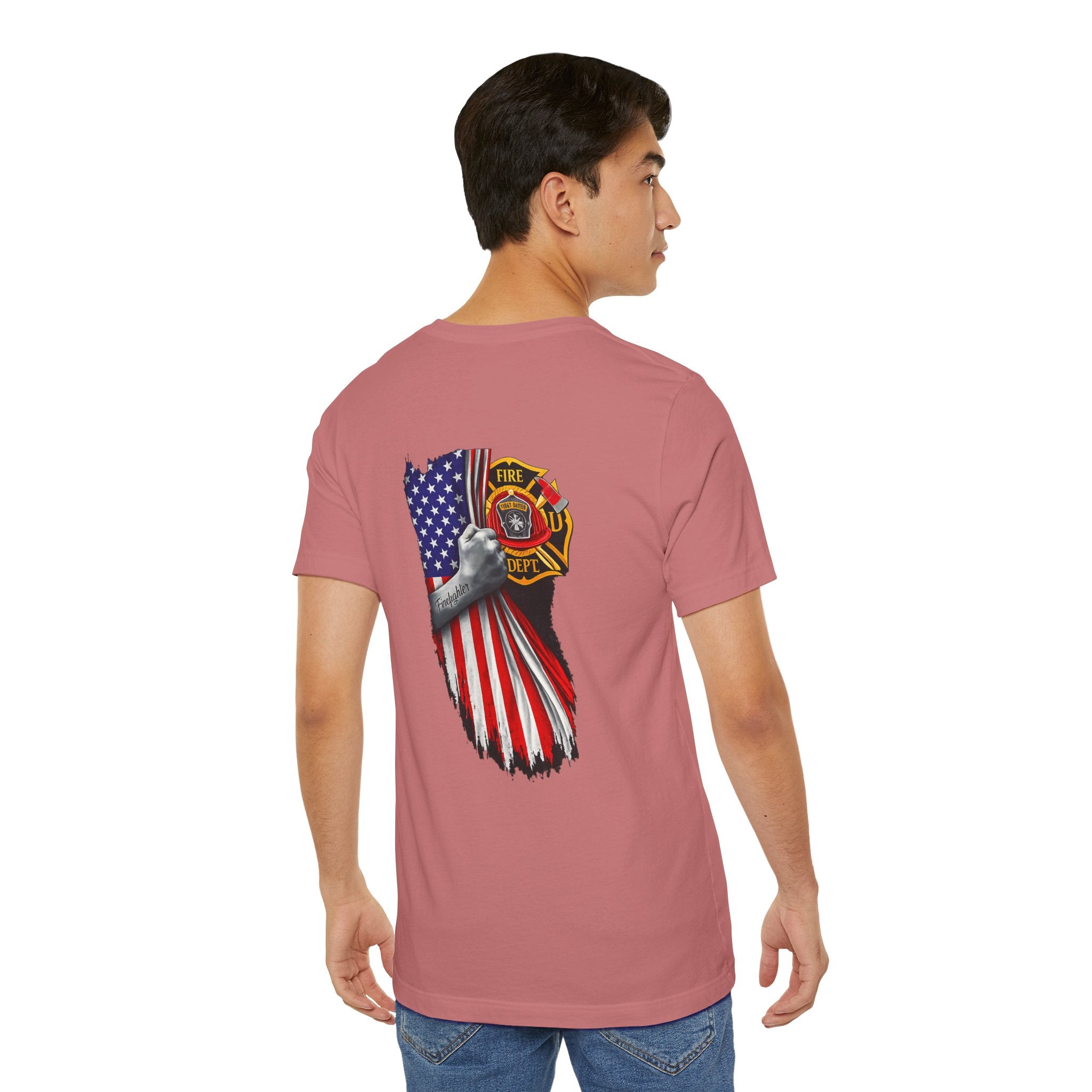 Firefighter Flag T-Shirt — American Flag & Maltese Cross Back Tee