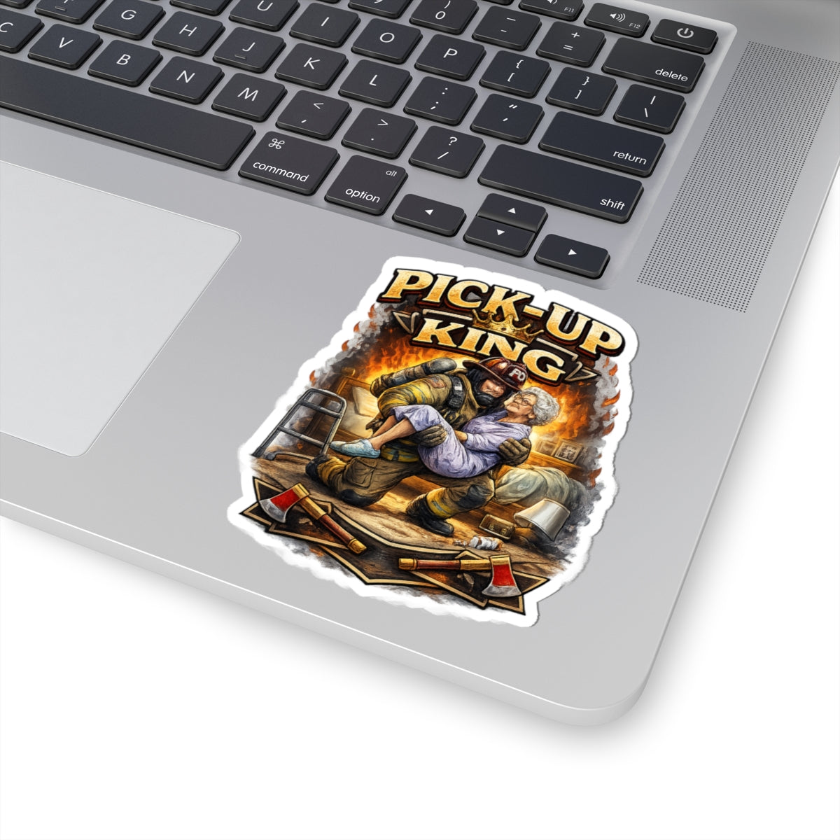 Pick-Up King Sticker — Funny Firefighter Carrying Grandma Kiss-Cut Decal