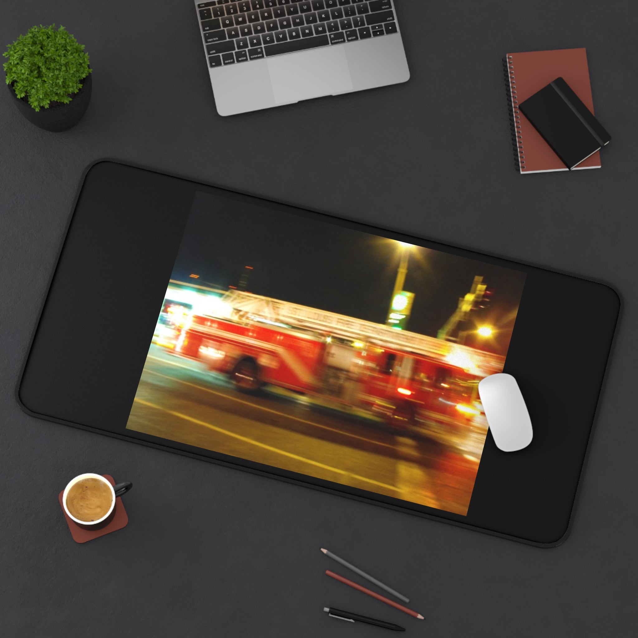 Emergency Response Desk Mat — Blurred Fire Truck Night Scene