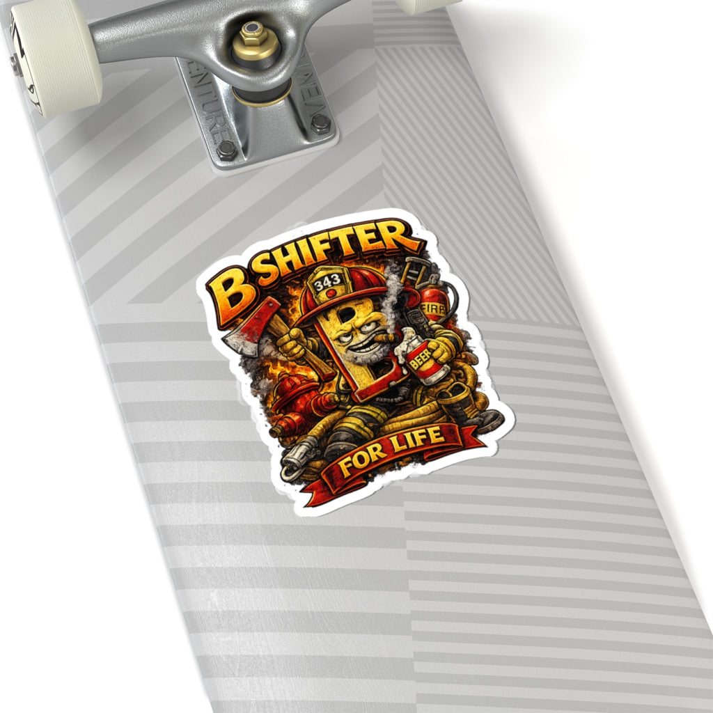 B Shifter For Life Kiss-Cut Sticker — Firefighter Axe & Beer Cartoon Decal