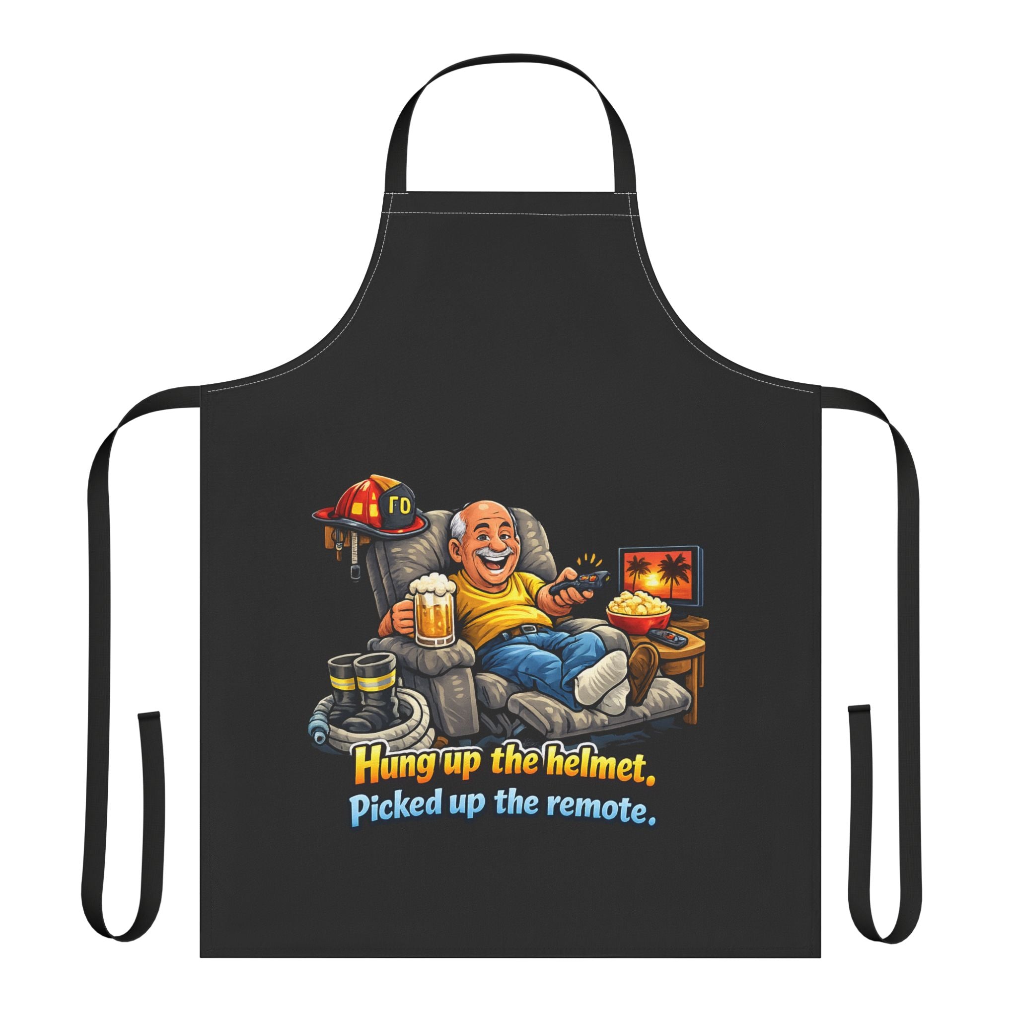 Apron - "Hung up the helmet, picked up the remote" Funny Firefighter Dad Gift