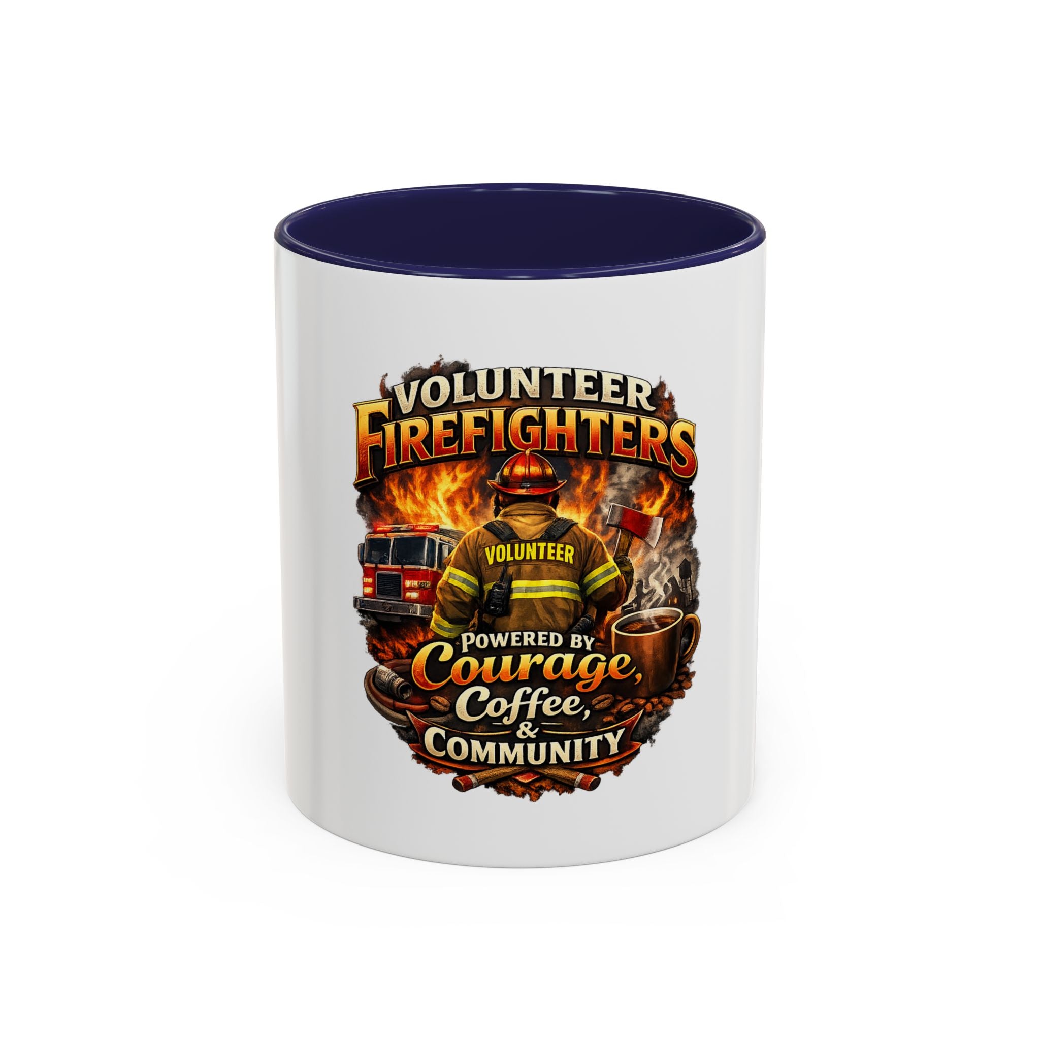 Volunteer Firefighter Coffee Mug — "Powered by Courage, Coffee & Community"