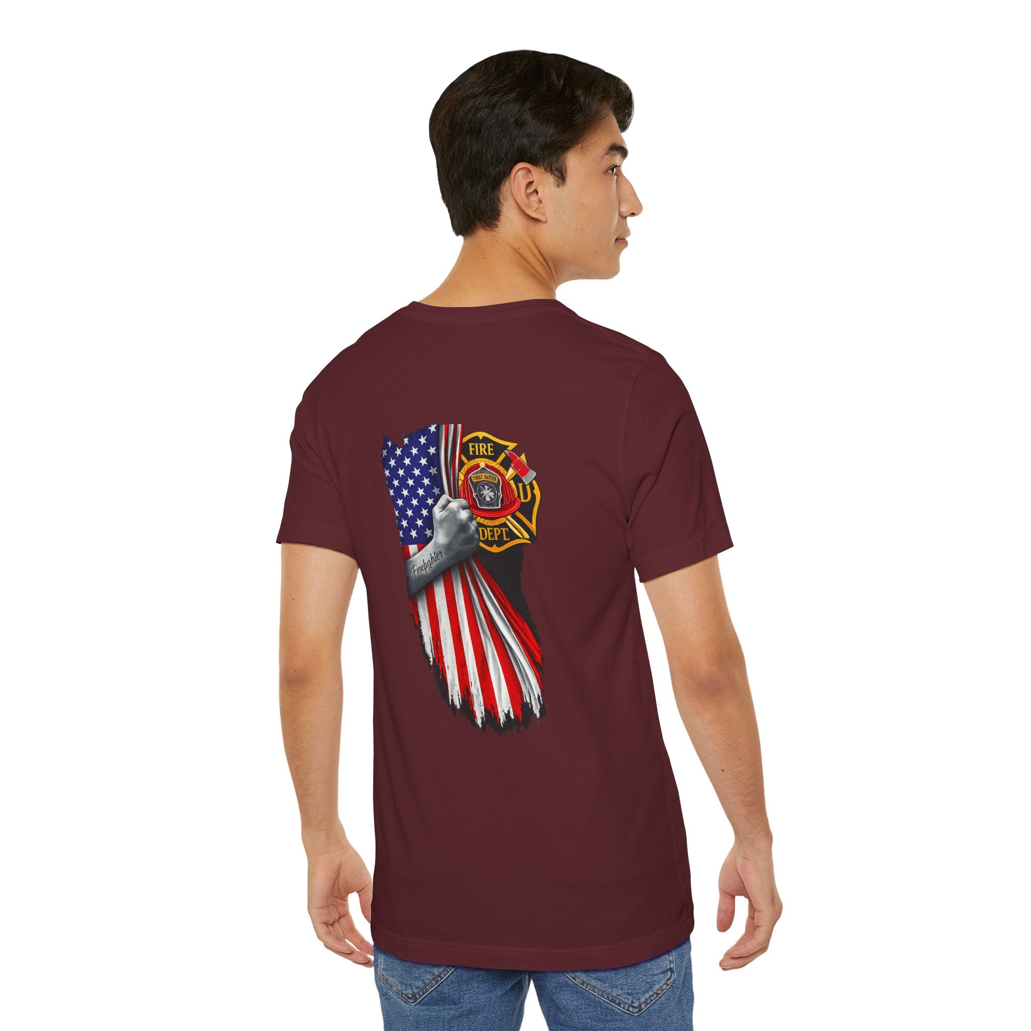 Firefighter Flag T-Shirt — American Flag & Maltese Cross Back Tee