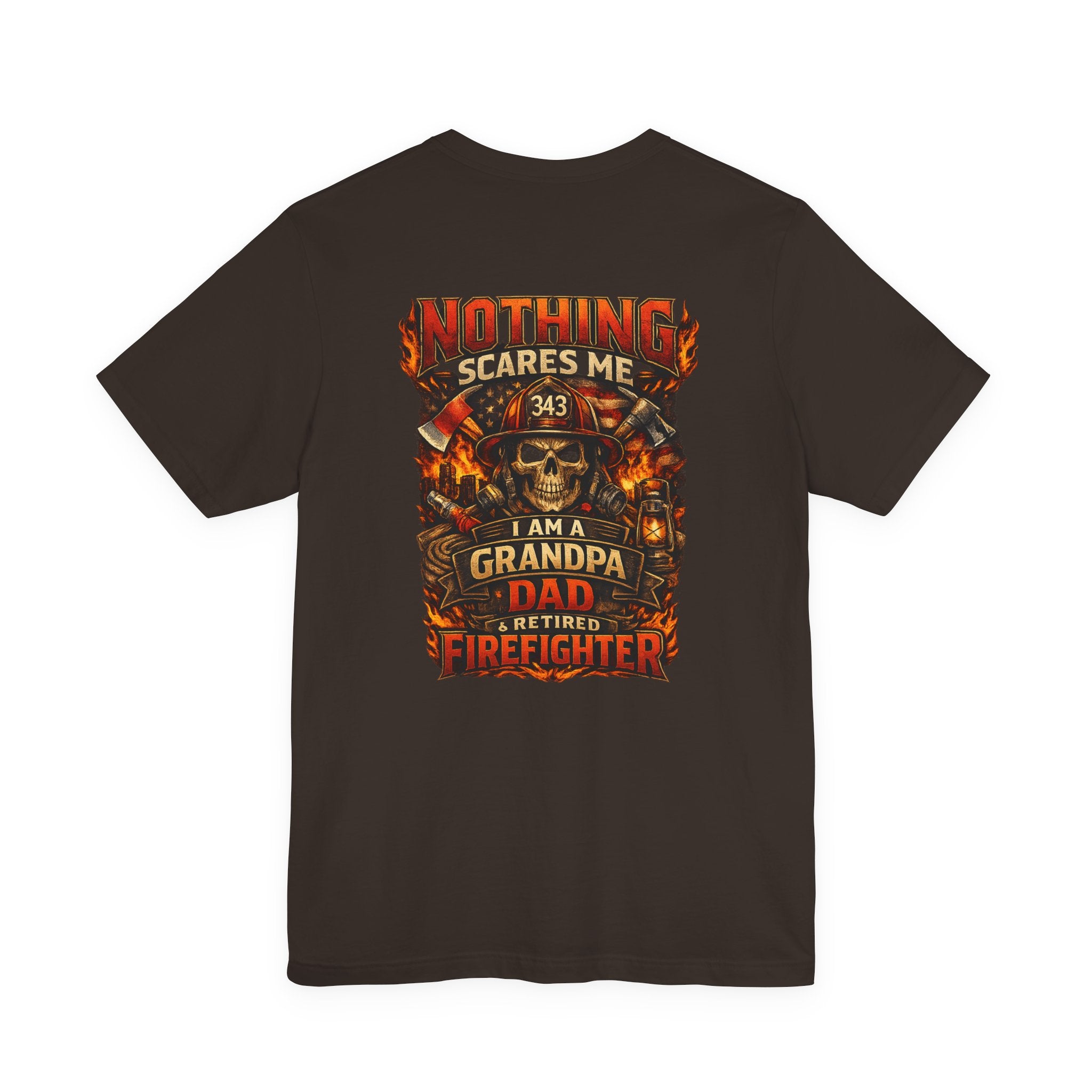 Retired Firefighter Grandpa T-Shirt — "I Am A Grandpa, Dad & Retired Firefighter" Back Print