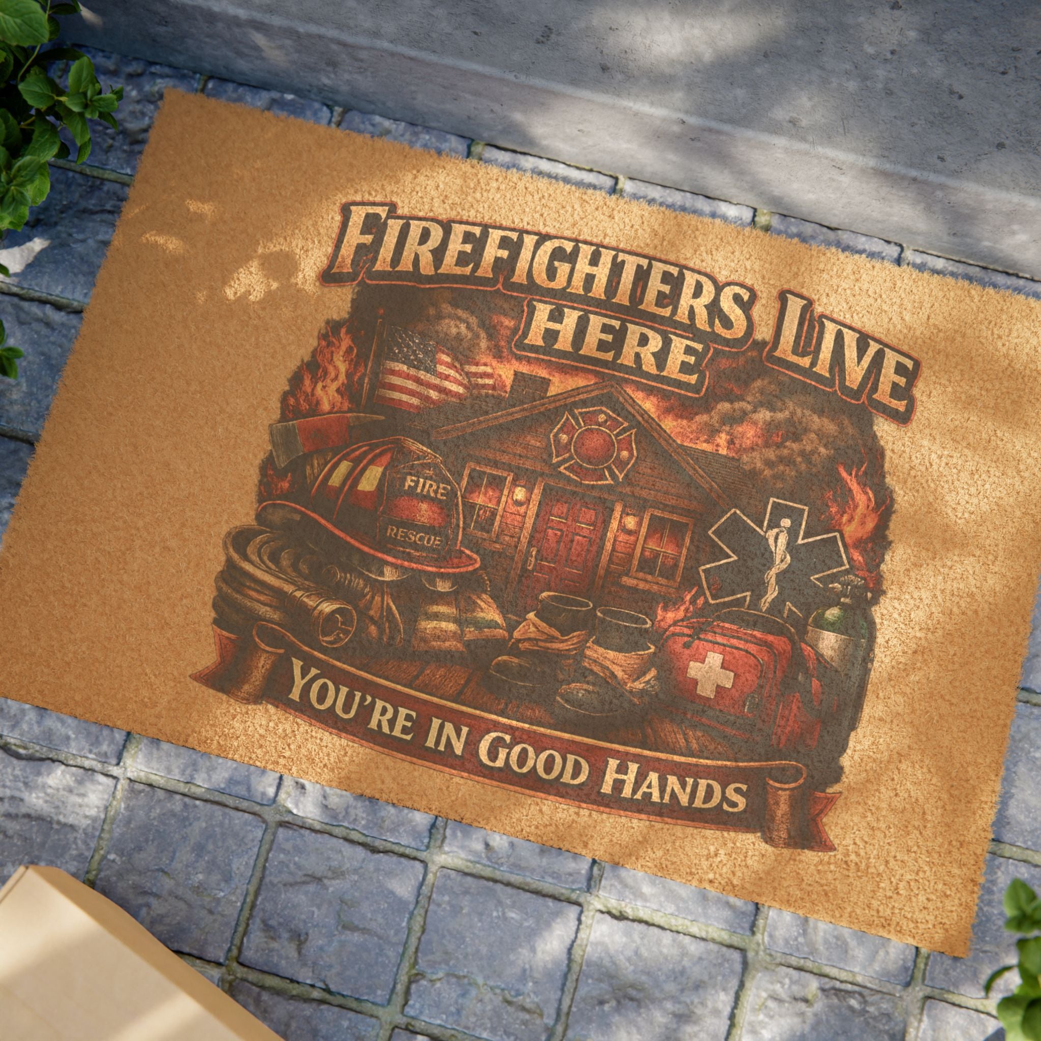Firefighters Live Here Doormat — "You're in Good Hands" Welcome Mat for Firefighter Homes