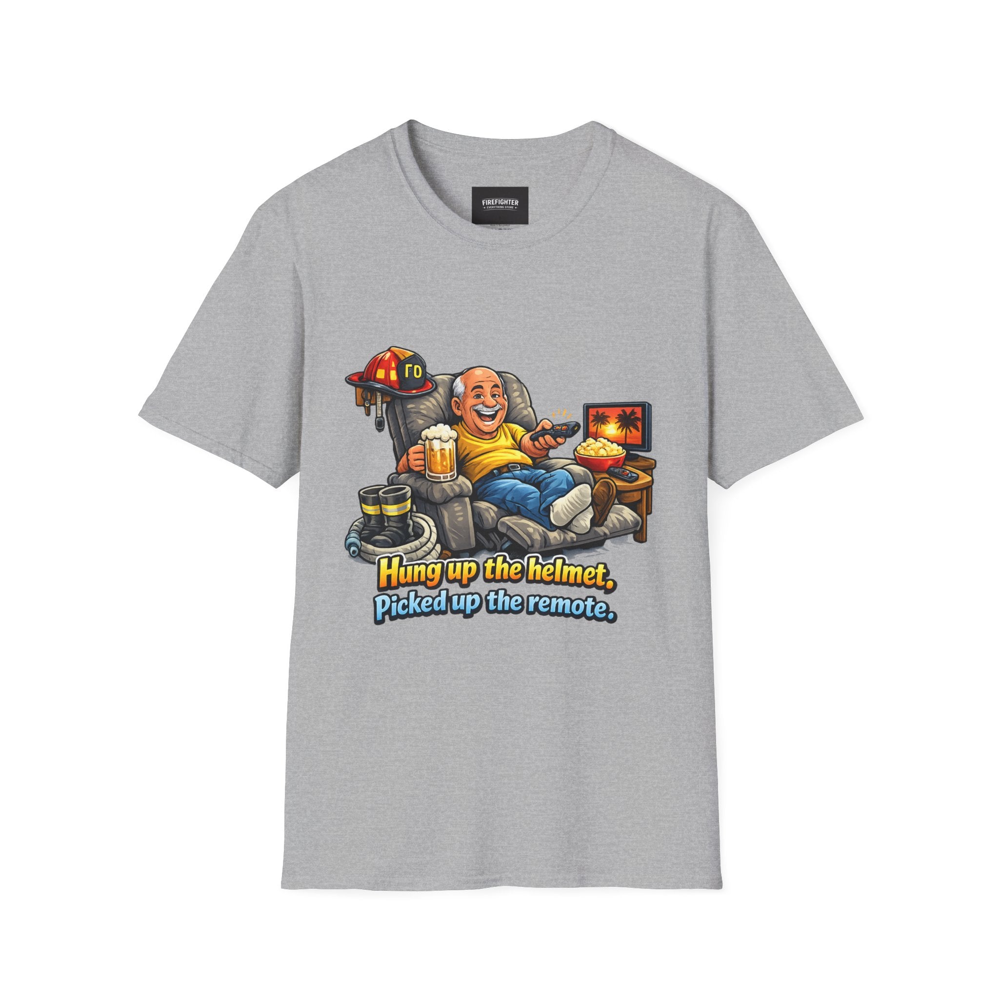 Firefighter Retirement T-Shirt — "Hung up the helmet, picked up the remote" Graphic on Front
