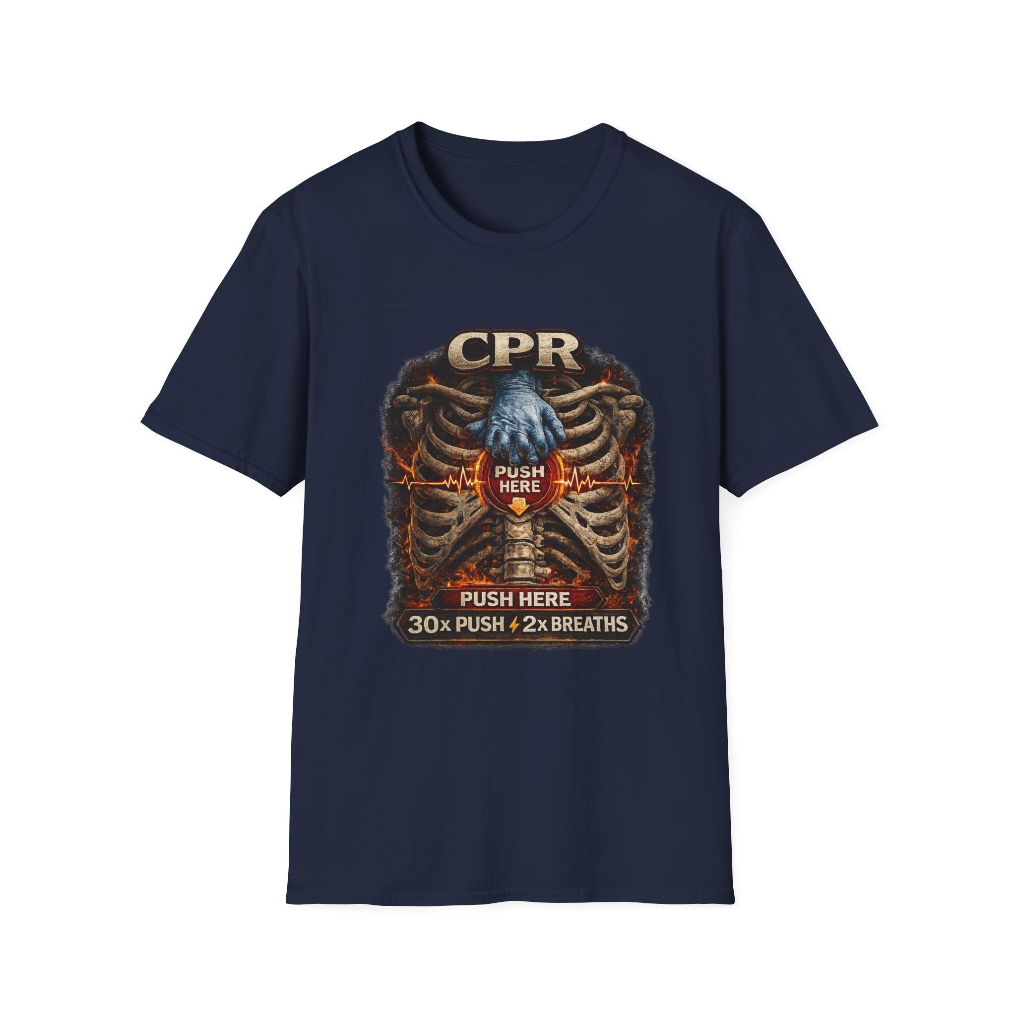 CPR Instruction T-Shirt — Ribcage Graphic with "Push Here: 30x Push + 2x Breaths"
